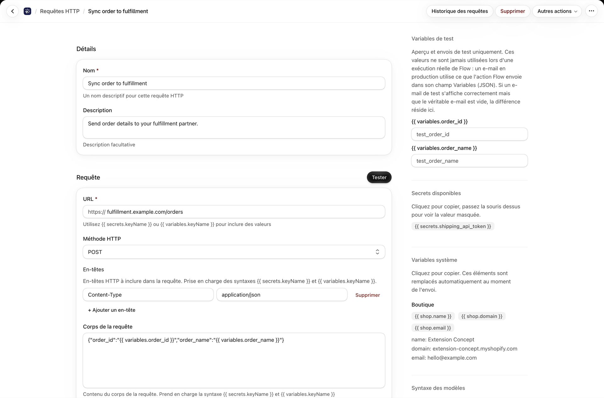 L'éditeur de requêtes HTTP avec la méthode, l'URL, les en-têtes et le corps
