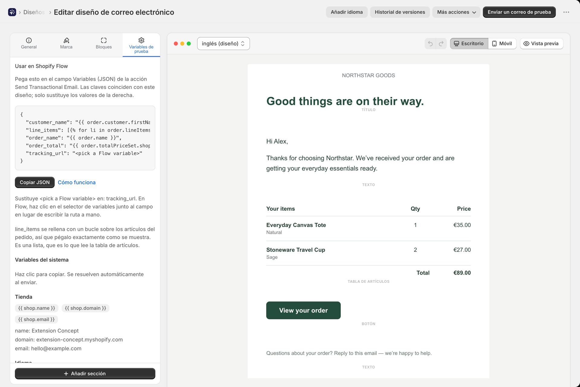 La pestaña «Variables de prueba» de un diseño con el panel «Usar en Shopify Flow» y su botón «Copiar JSON»