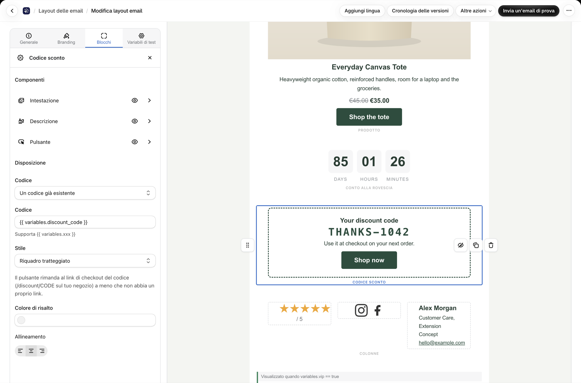 Impostazioni del blocco del codice sconto: le sezioni “Titolo”, “Descrizione” e “Pulsante”, l’opzione “Un codice già esistente”, la variabile del codice, lo stile del riquadro e il colore di risalto