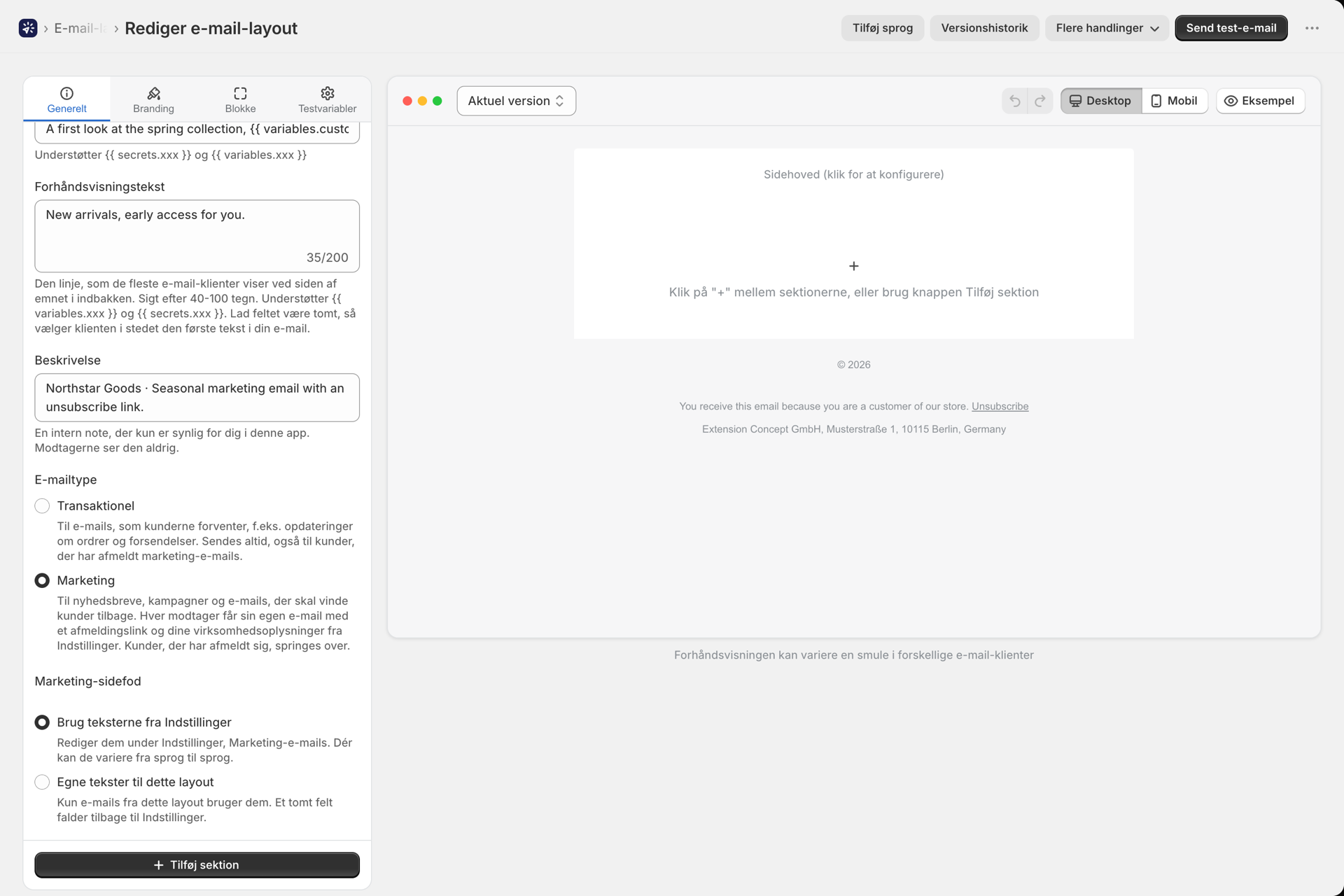 Valget af marketing-fodtekst i et marketinglayout: Brug teksterne fra »Indstillinger« eller »Brugerdefinerede tekster« til dette layout