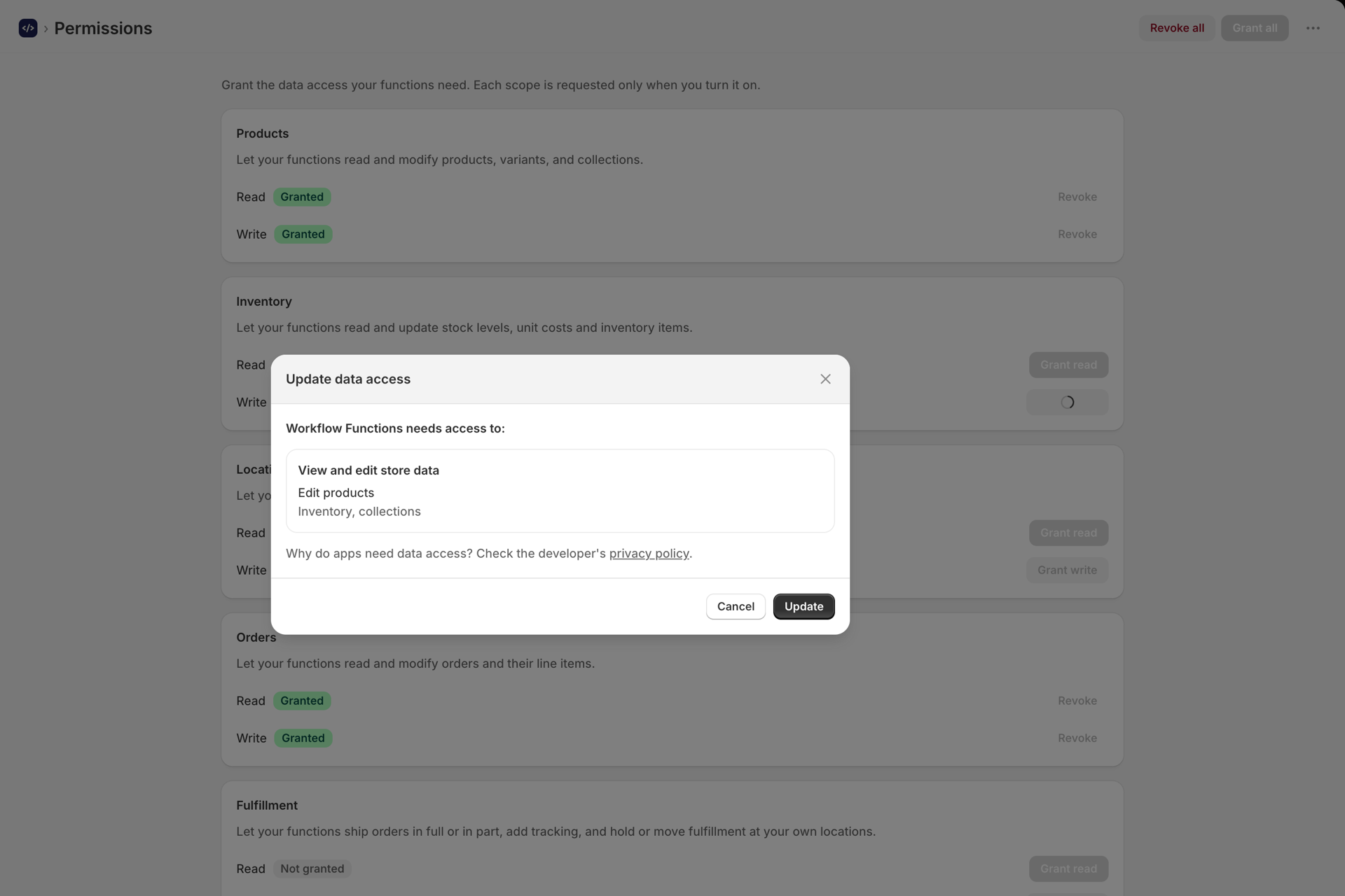 Shopify's Update data access dialog asking to allow editing inventory
