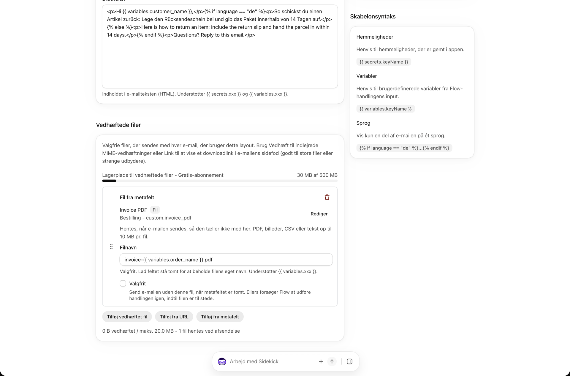 Fanen »Vedhæftede filer« i et rich text-layout med knapperne »Tilføj vedhæftet fil«, »Tilføj fra URL« og »Tilføj fra metafelt«