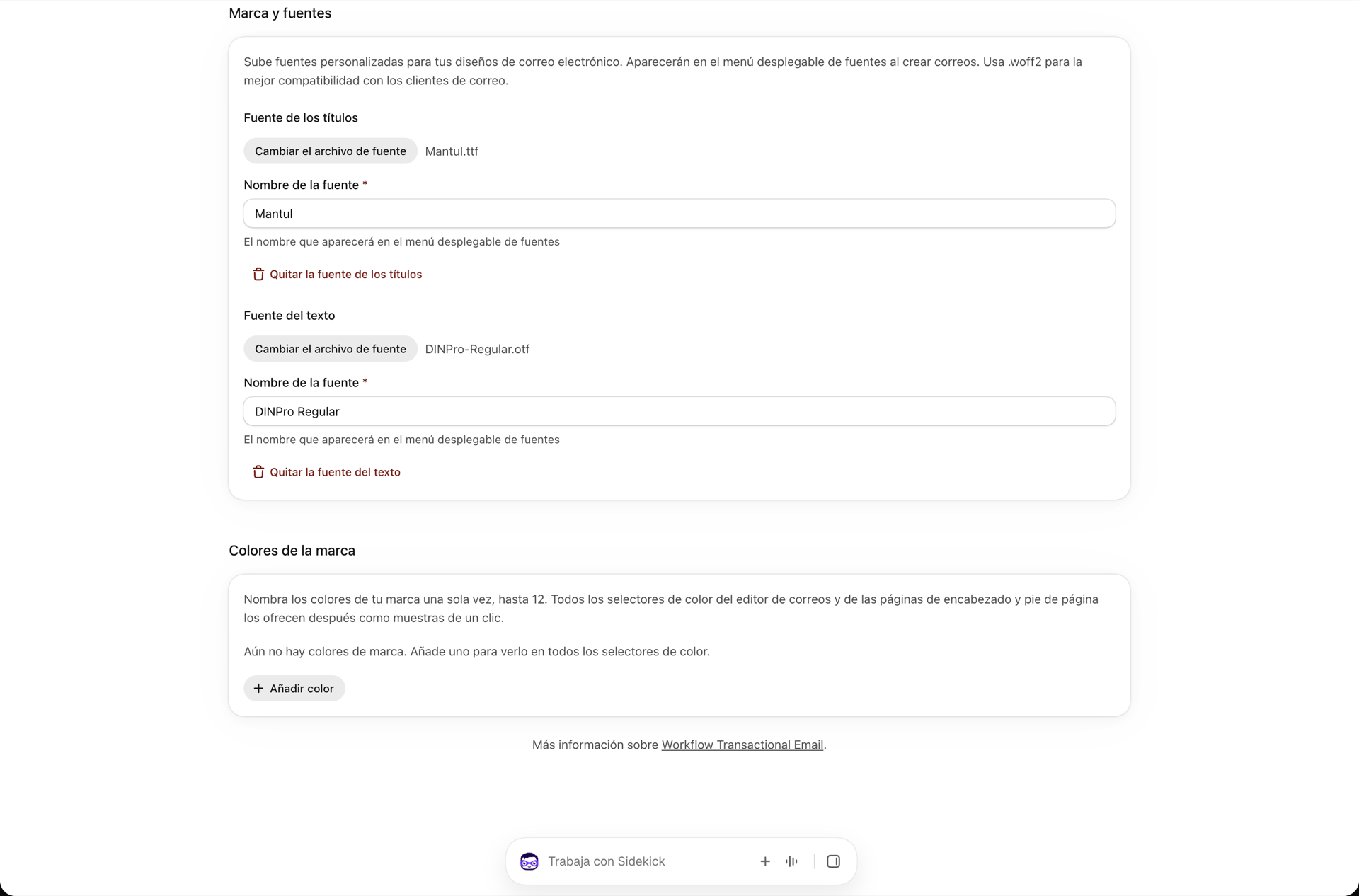 La tarjeta de colores de la marca, con tres colores con nombre y sus valores hexadecimales