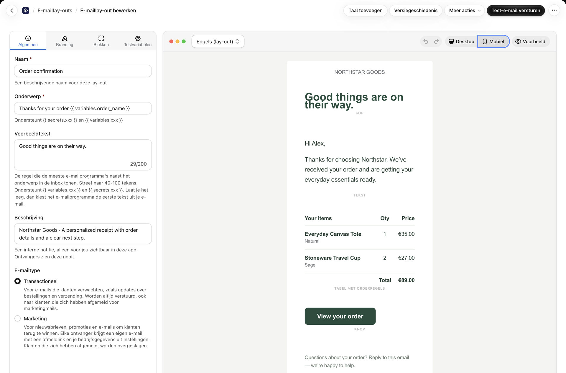 De visuele builder waarbij het canvas is overgeschakeld naar de mobiele weergave
