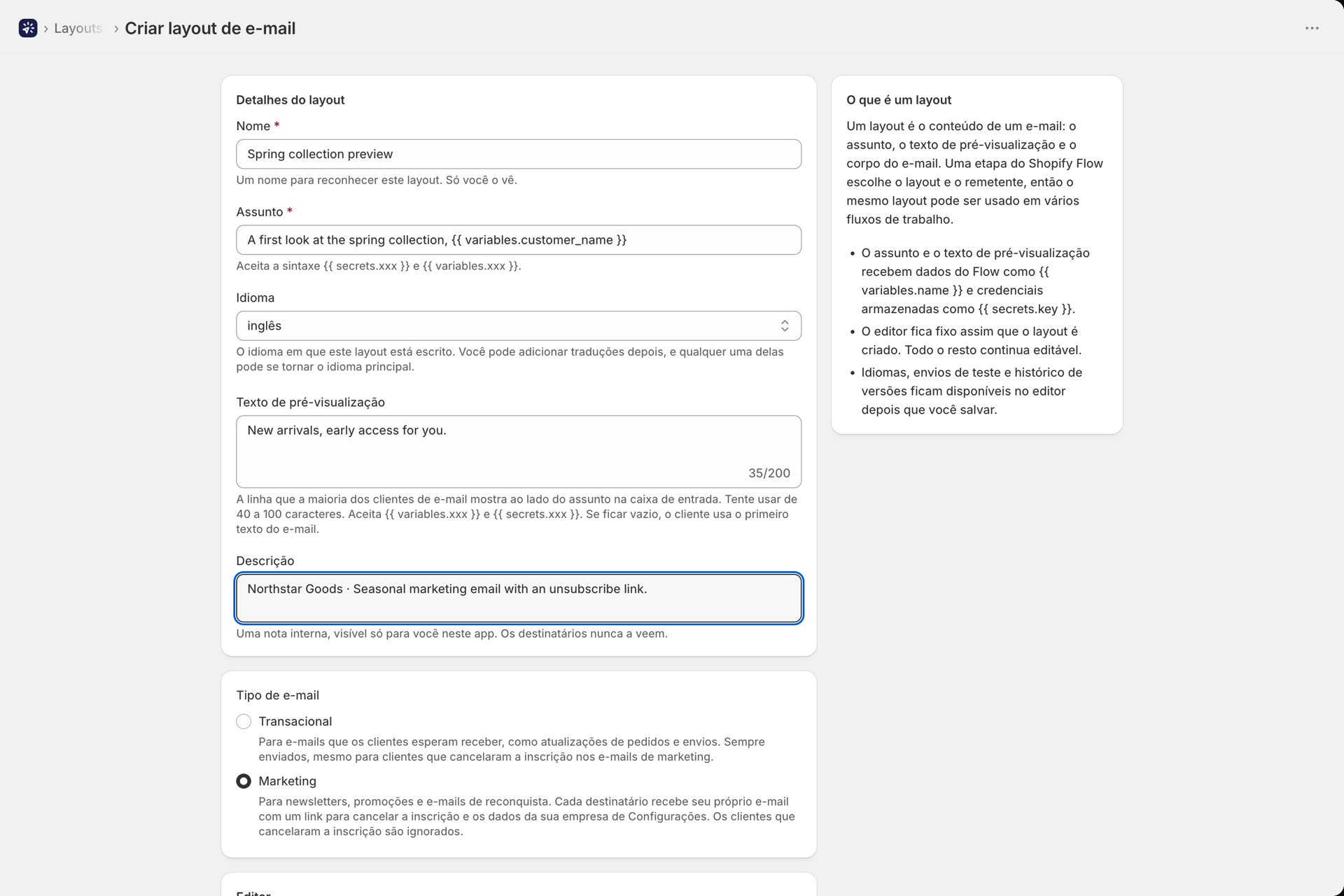 A página “Criar layout de e-mail” com nome, assunto, idioma, tipo de e-mail e a opção de editor