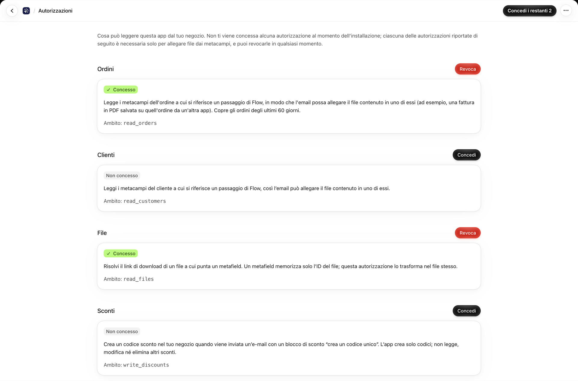 La pagina “Autorizzazioni” dell’app elenca le quattro autorizzazioni opzionali con i relativi ambiti Shopify, “Ordini” e “File” concessi