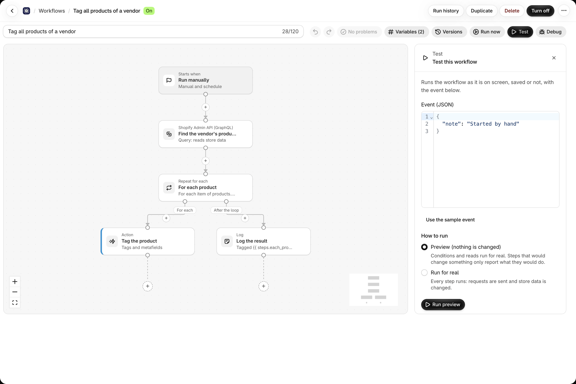 The Test panel: the Event (JSON) box with the sample event, the Use the sample event link, the How to run choice between Preview and Run for real, and the Run preview button