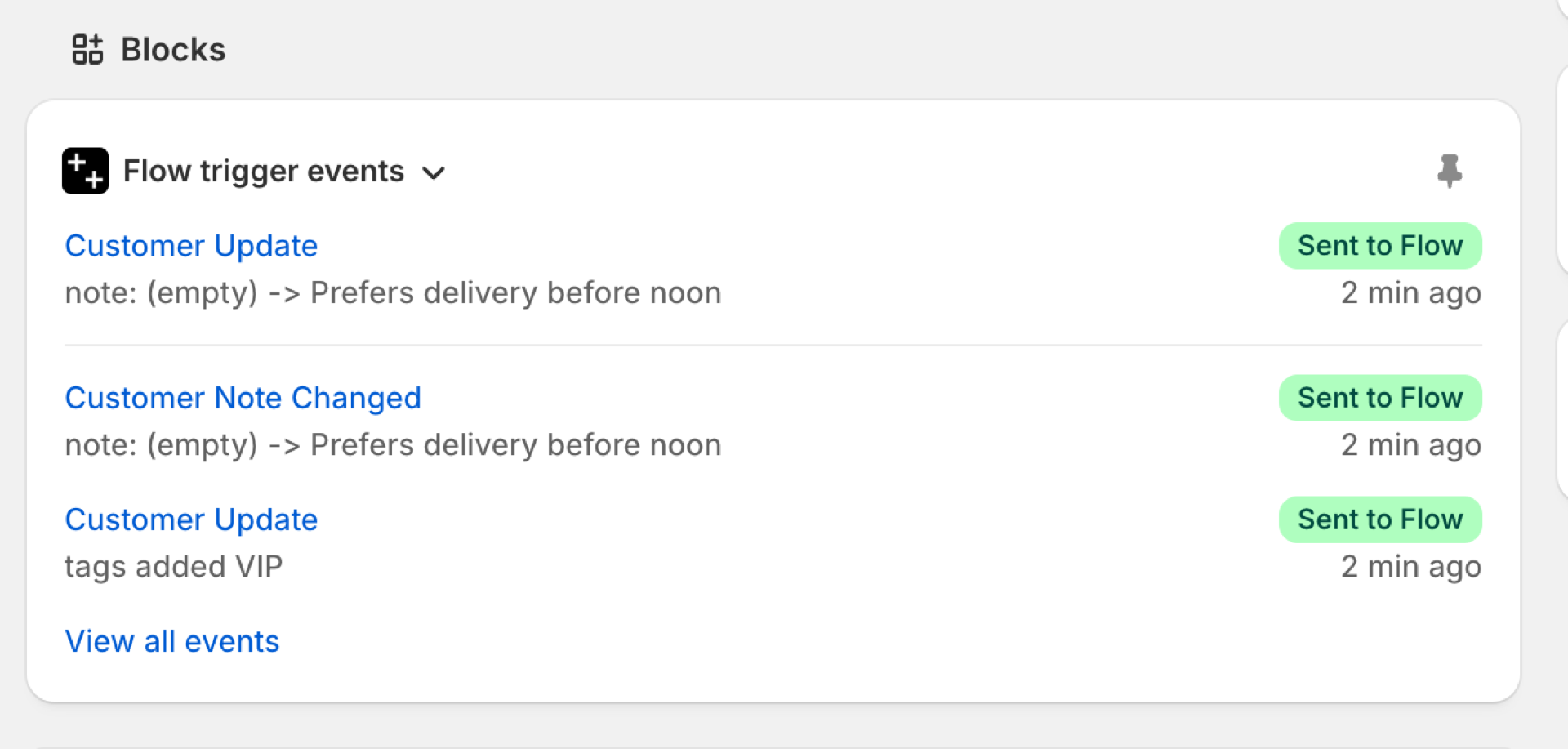 The Flow trigger events block on a customer page: a note added and the tag VIP added