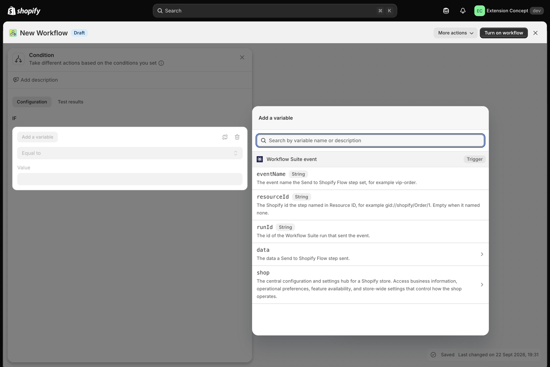 Shopify Flow's Add a variable window for the trigger Workflow Suite event: eventName, resourceId and runId as text, and data, each with its description