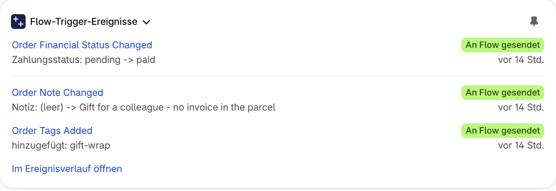 Die Shopify Flow-Trigger-Ereignisse auf einer Seite für Bestellungen: Änderung des Zahlungsstatus von „ausstehend“ auf „bezahlt“ und Hinzufügen einer Notiz