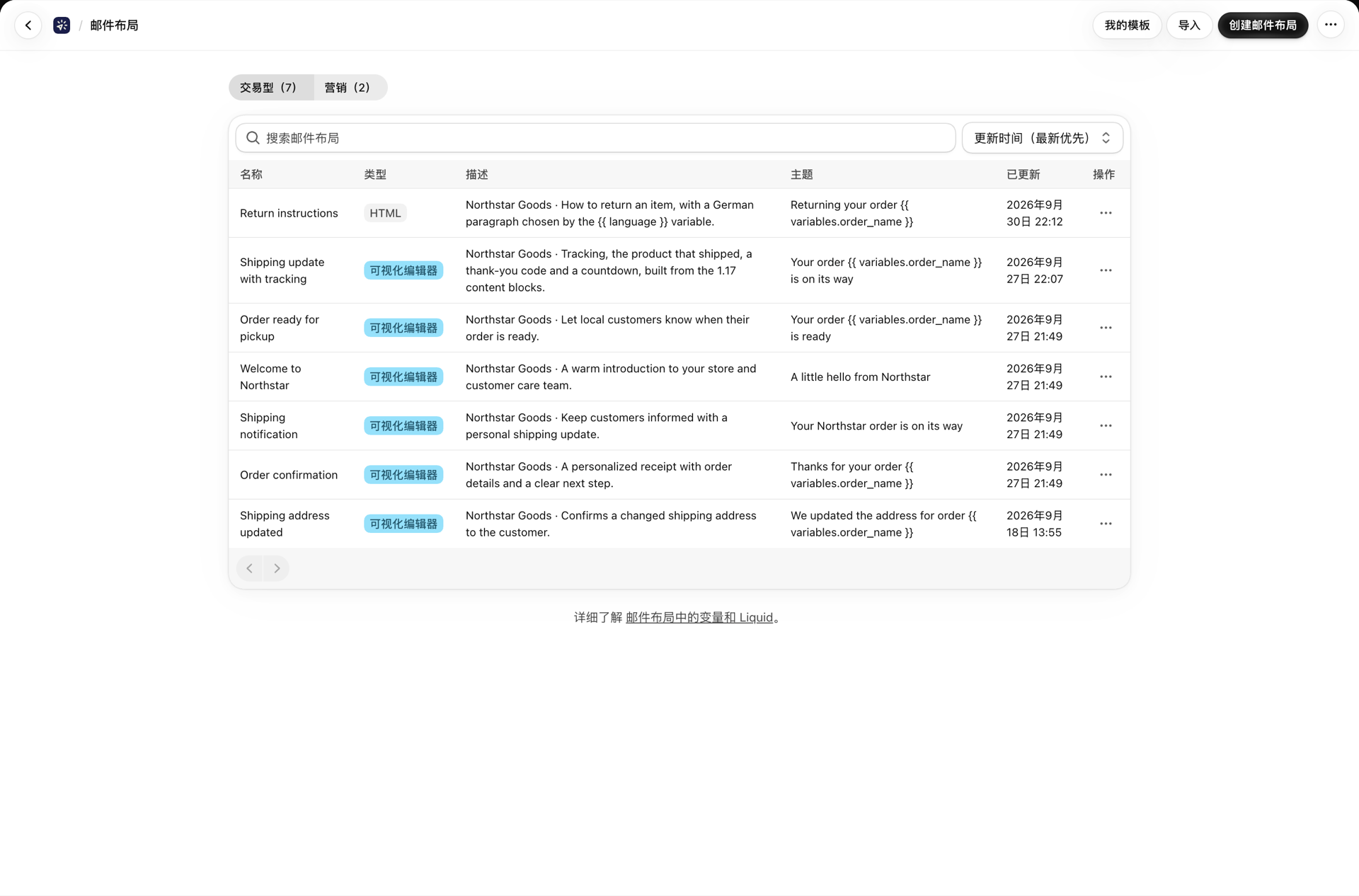 “电子邮件布局”页面,包含“交易型”和“营销型”两个标签页