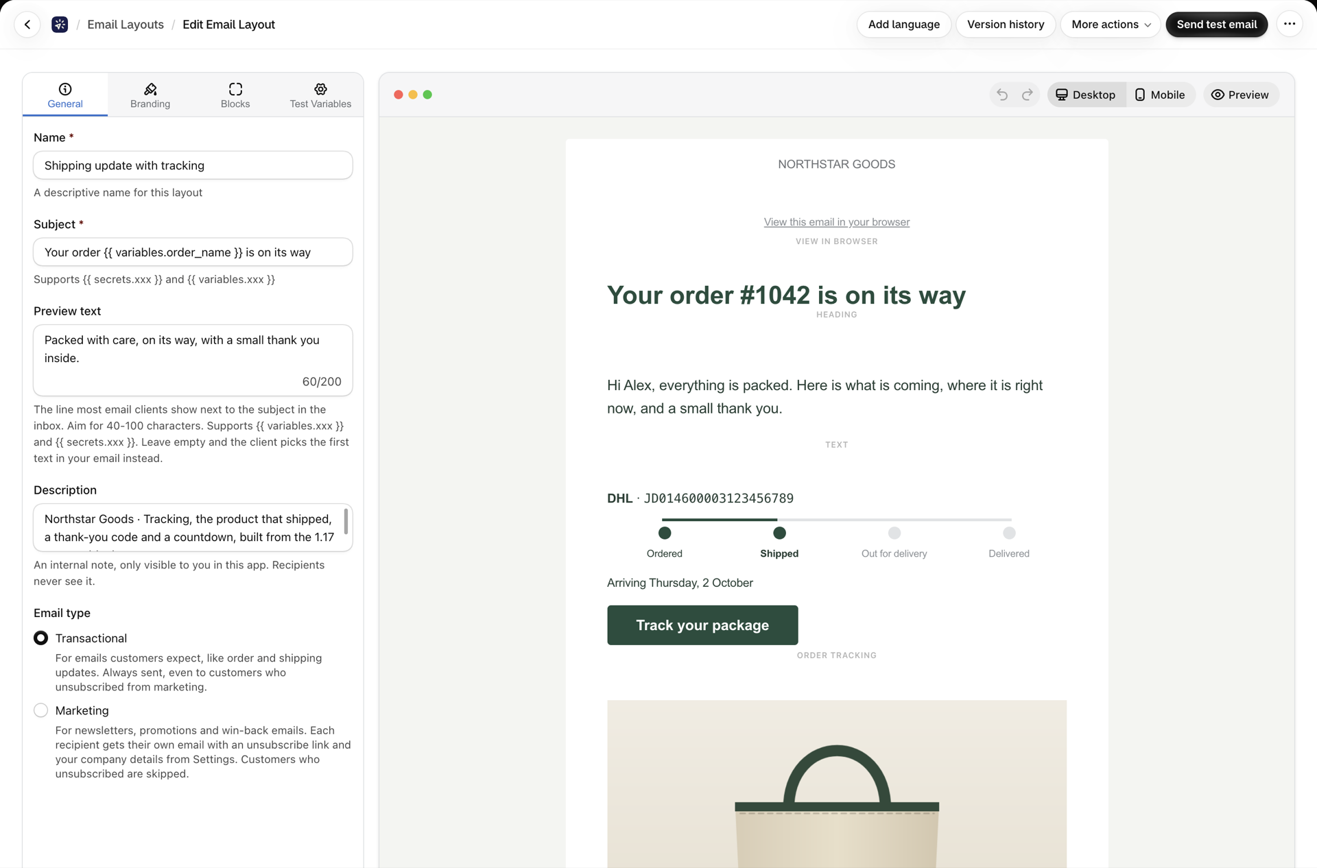 A shipping update layout in the visual builder: view in browser line, heading, order tracking with a progress stripe and a Track your package button