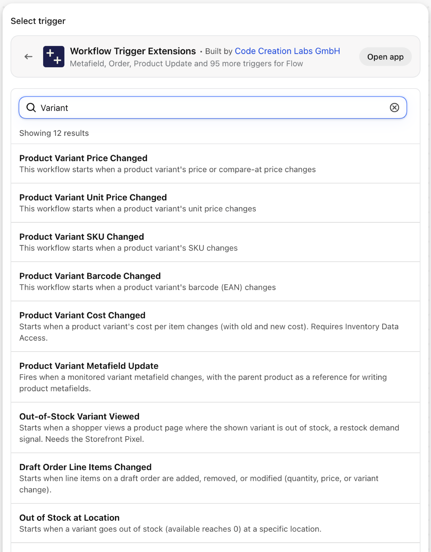 Shopify Flow's trigger picker inside Workflow Trigger Extensions, searched for Variant