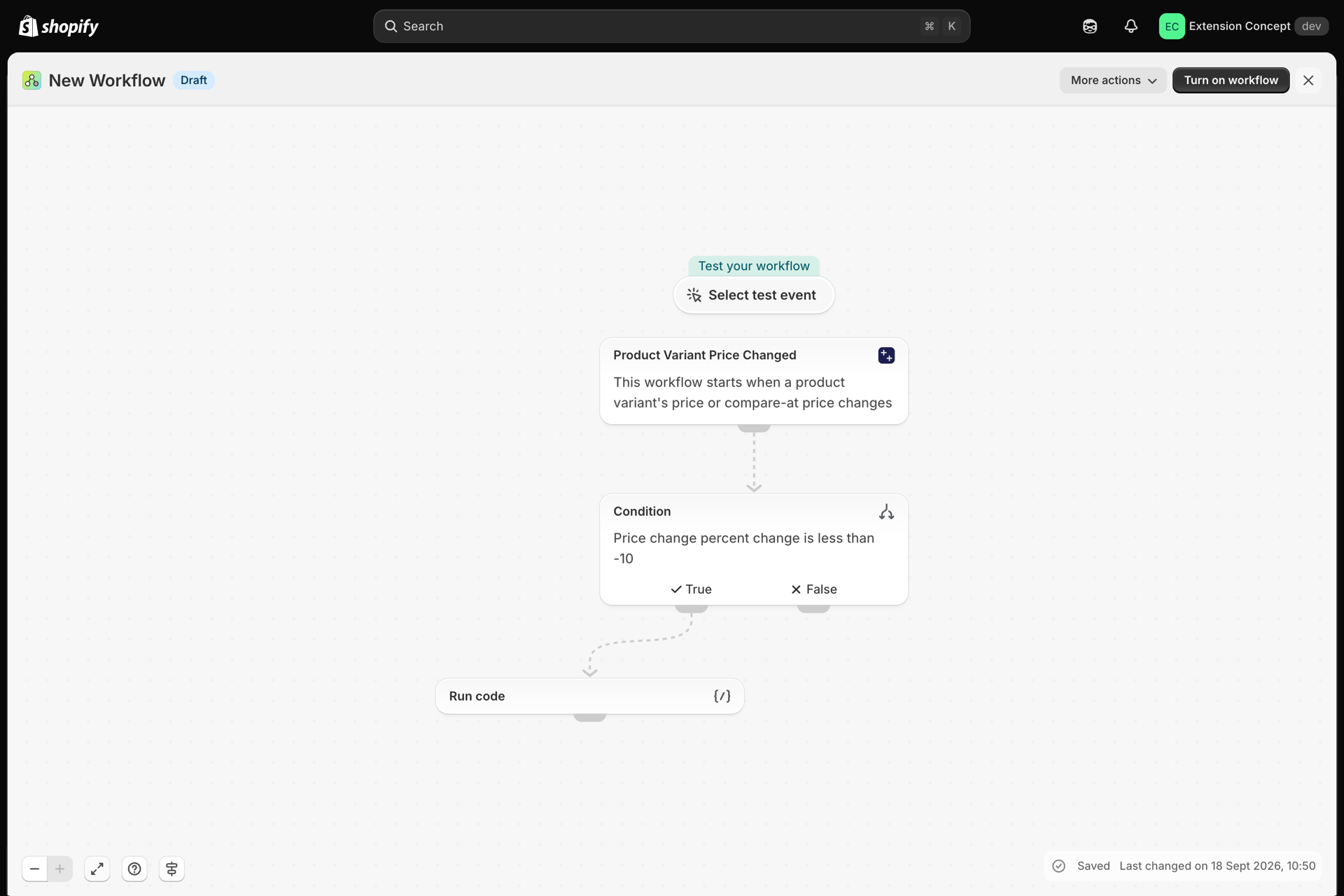 The finished workflow: trigger, condition, Run code, with Turn on workflow in the top right
