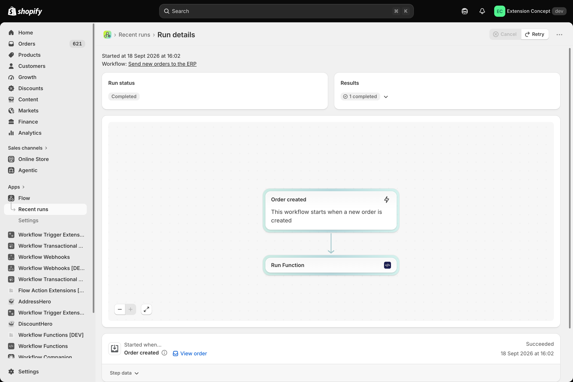 Flow's run details for Send new orders to the ERP with the Run Function step completed
