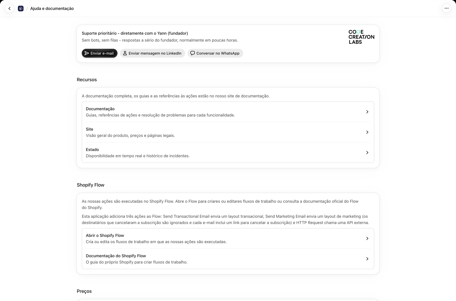 A página de Ajuda e Documentação, com suporte prioritário, recursos, Shopify Flow e preços