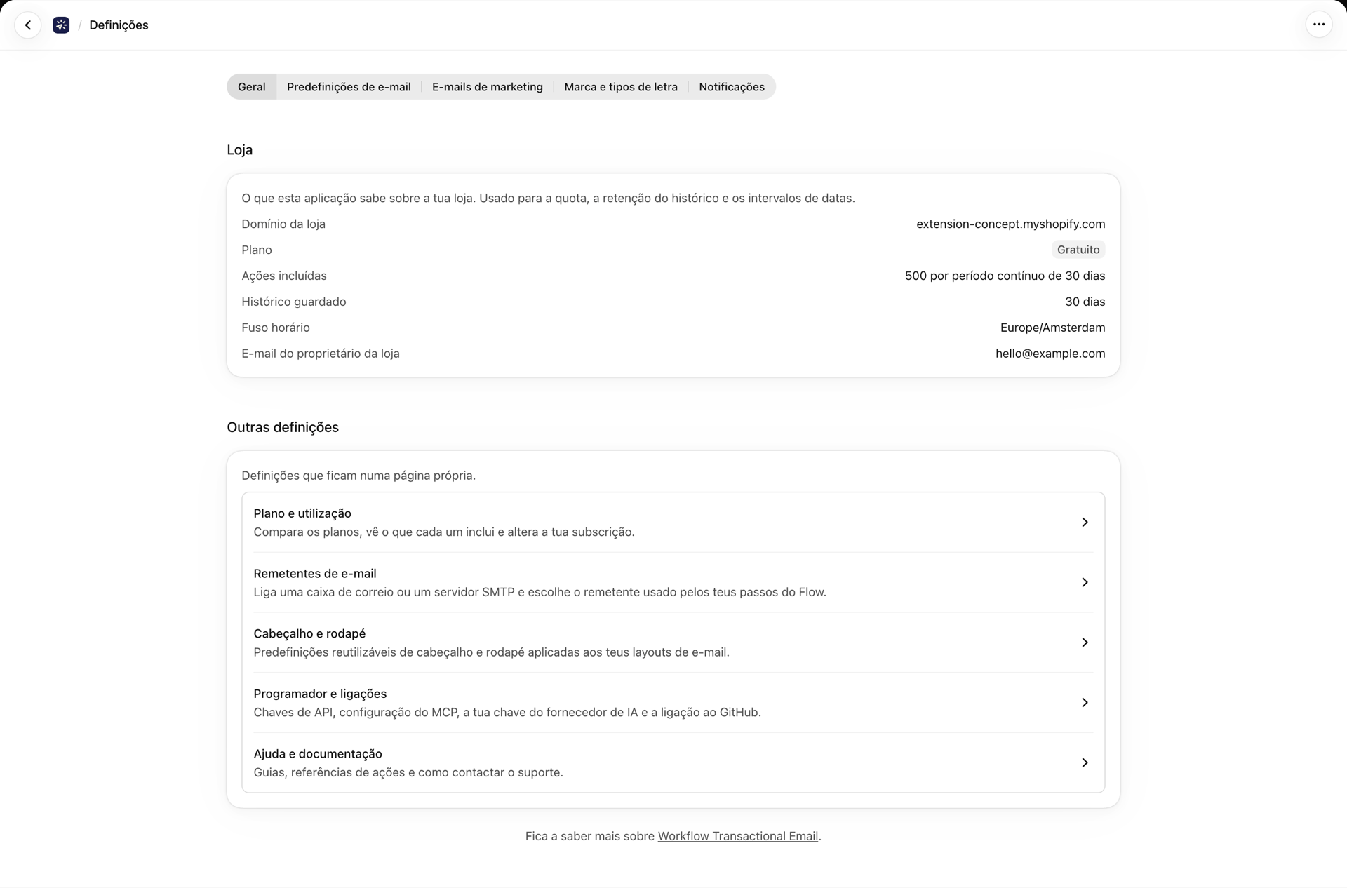 O separador «Geral» das «Definições», que contém as informações das lojas e as ligações para as outras páginas de definições
