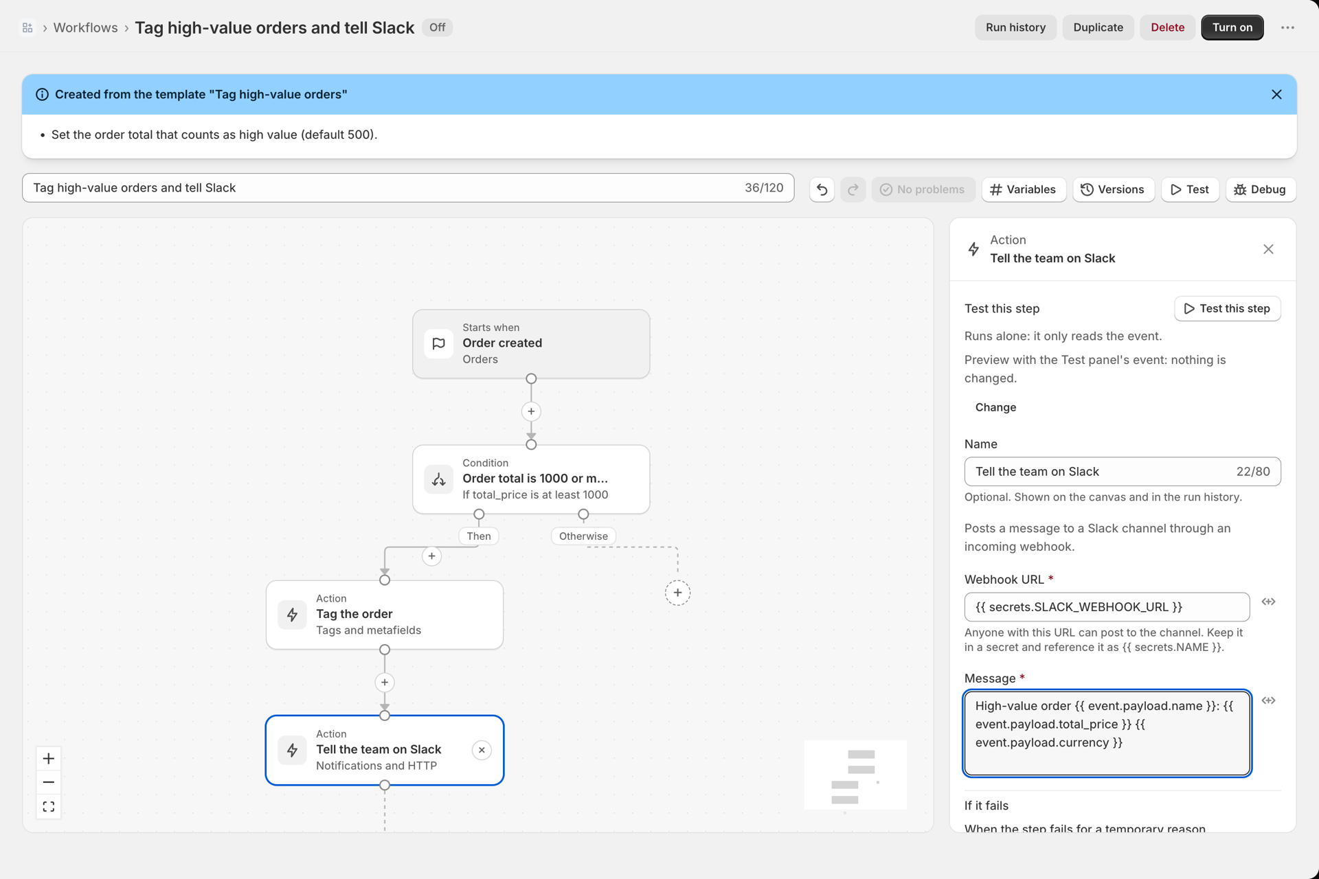 The Send Slack message side panel: Name Tell the team on Slack, Webhook URL set to the secret SLACK_WEBHOOK_URL, and a Message with the order name, total and currency as variables