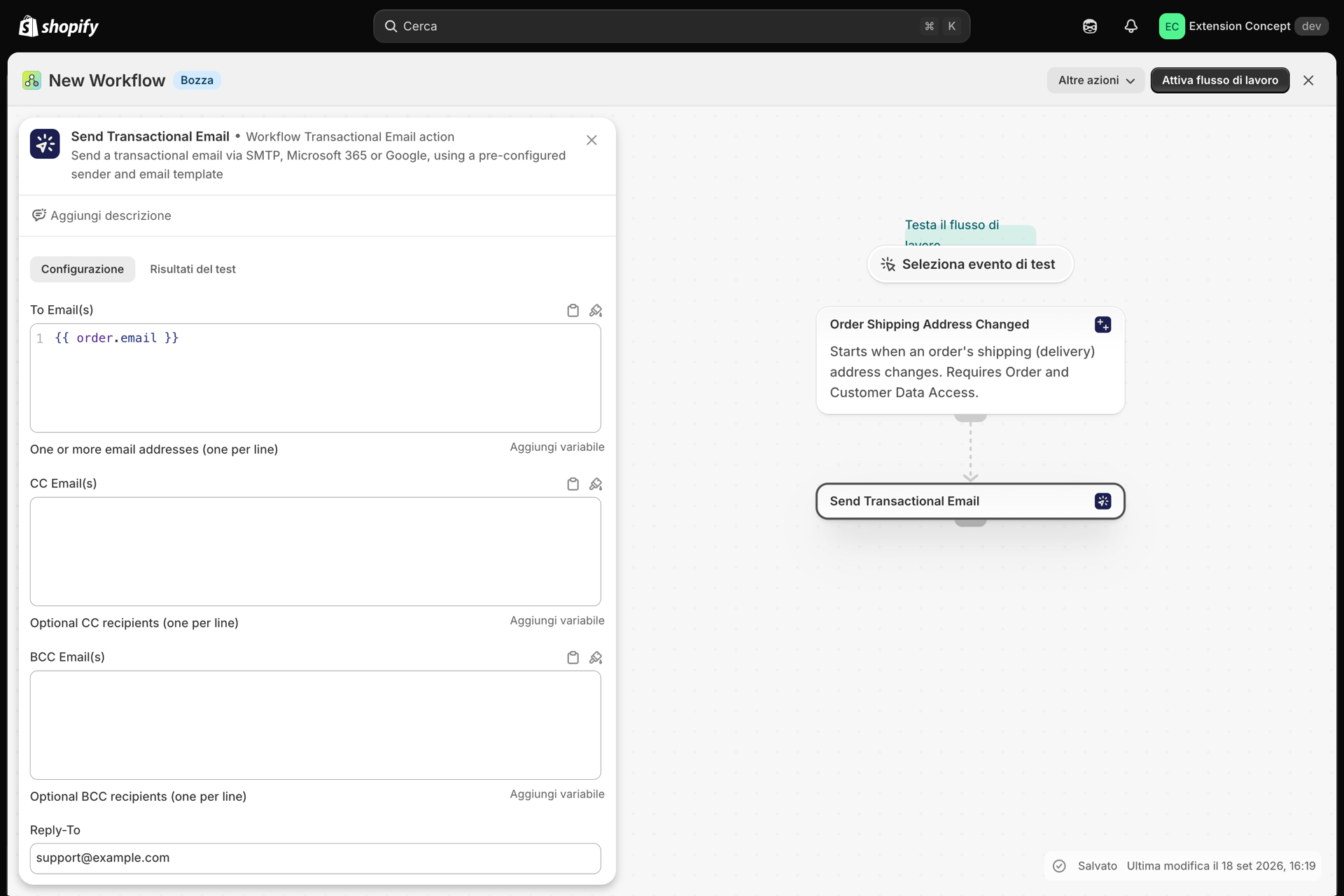 Un workflow di Shopify Flow: un trigger seguito dall’azione “Invia e-mail transazionale”