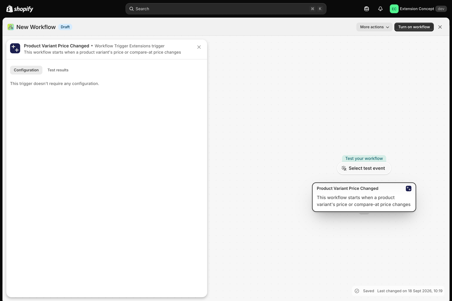 The workflow canvas with Product Variant Price Changed as its first step
