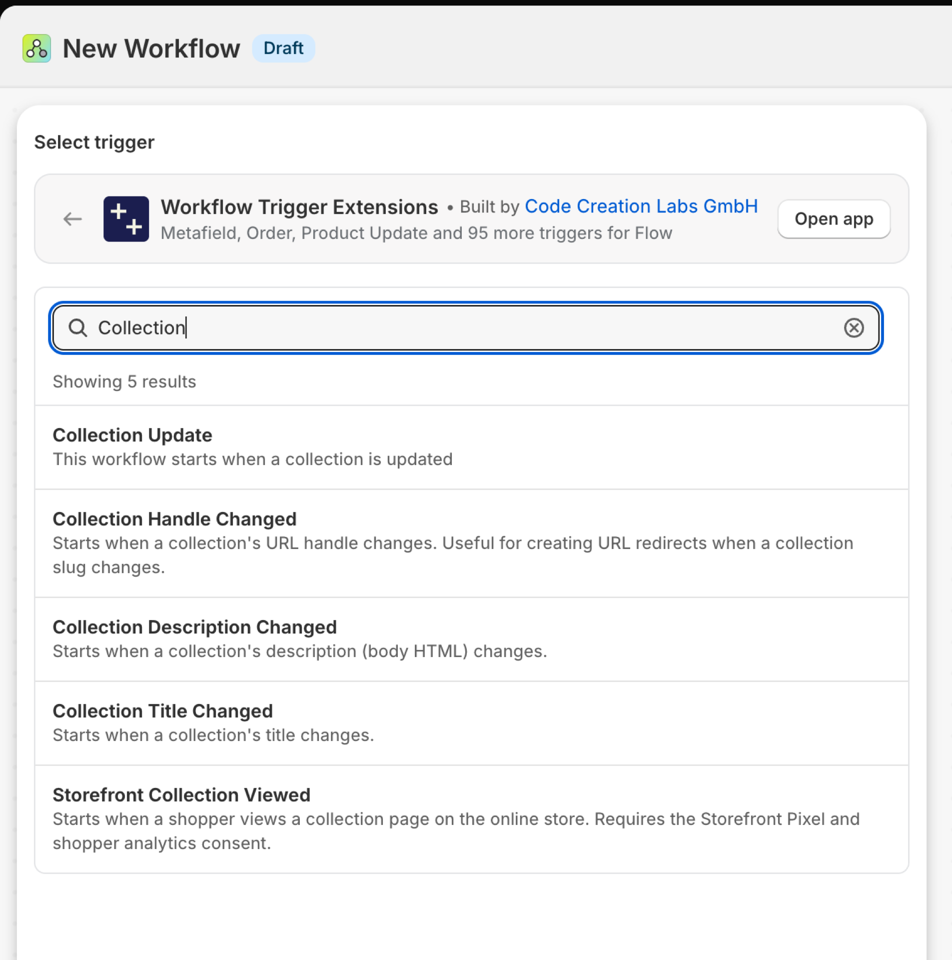 Shopify Flow's trigger picker inside Workflow Trigger Extensions, searched for Collection