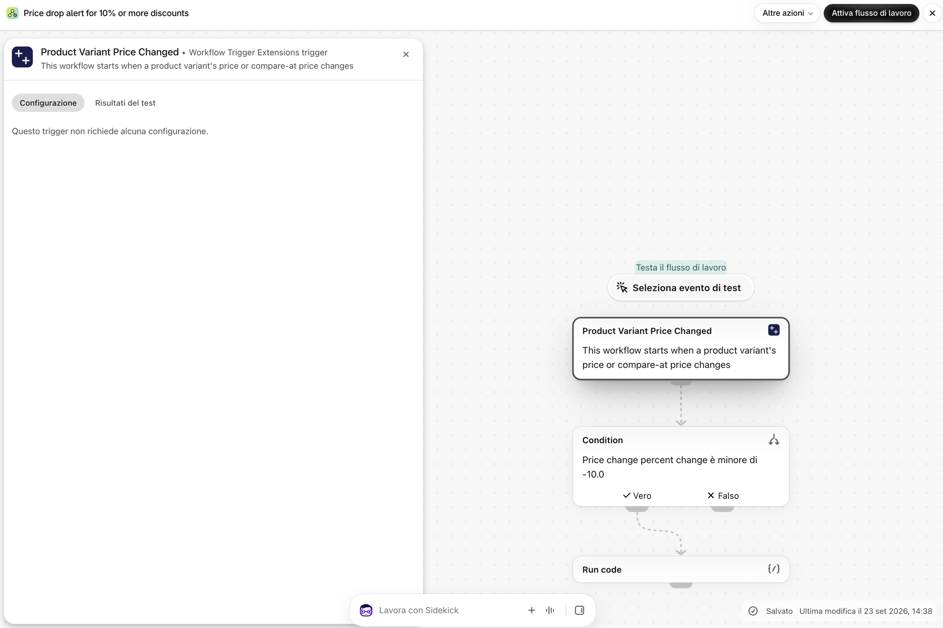 L'area di lavoro del workflow con "Modifica del prezzo della variante del prodotto" come primo passaggio