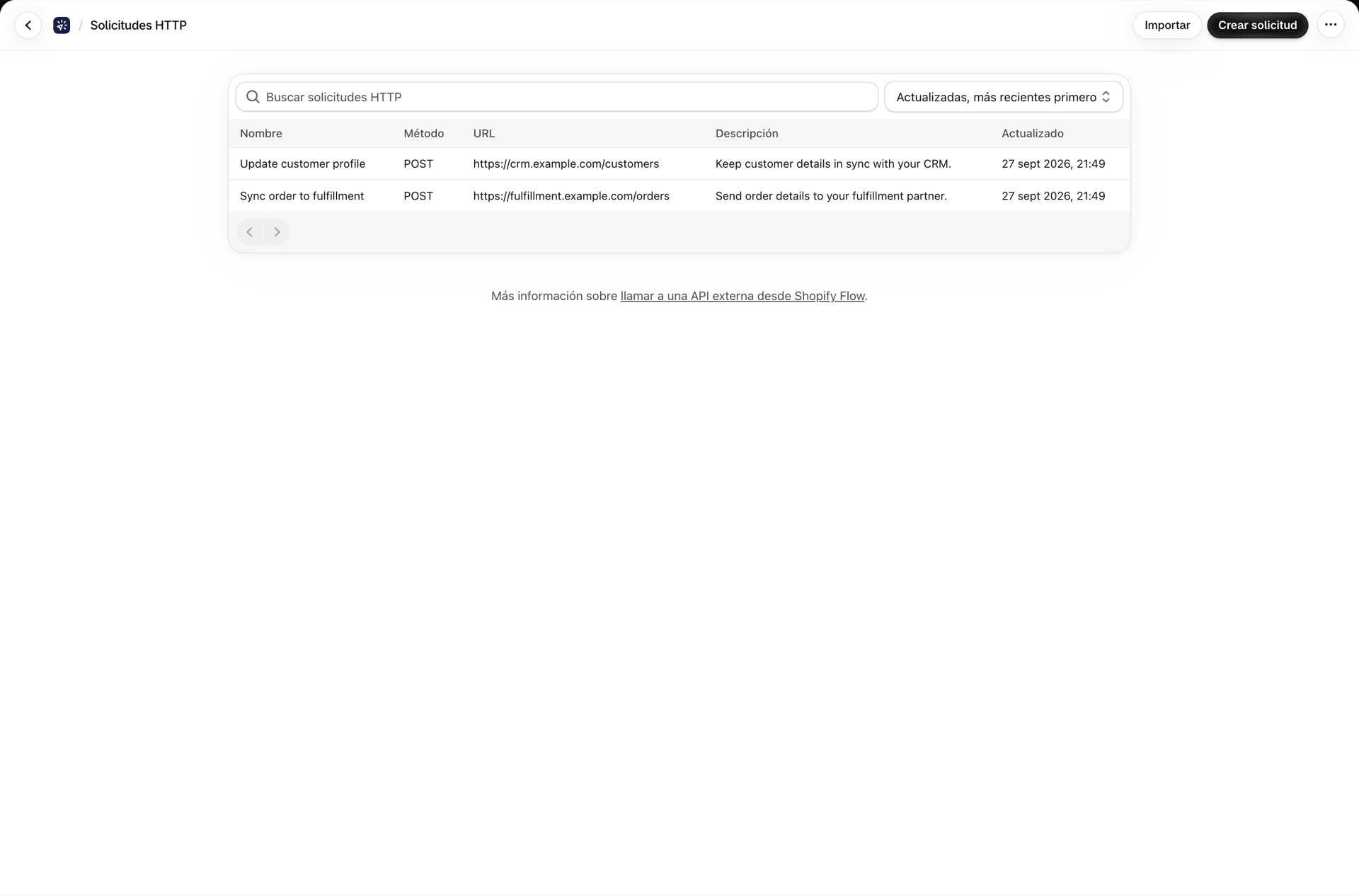La página «Solicitudes HTTP», en la que se muestra una solicitud guardada junto con su método y su URL