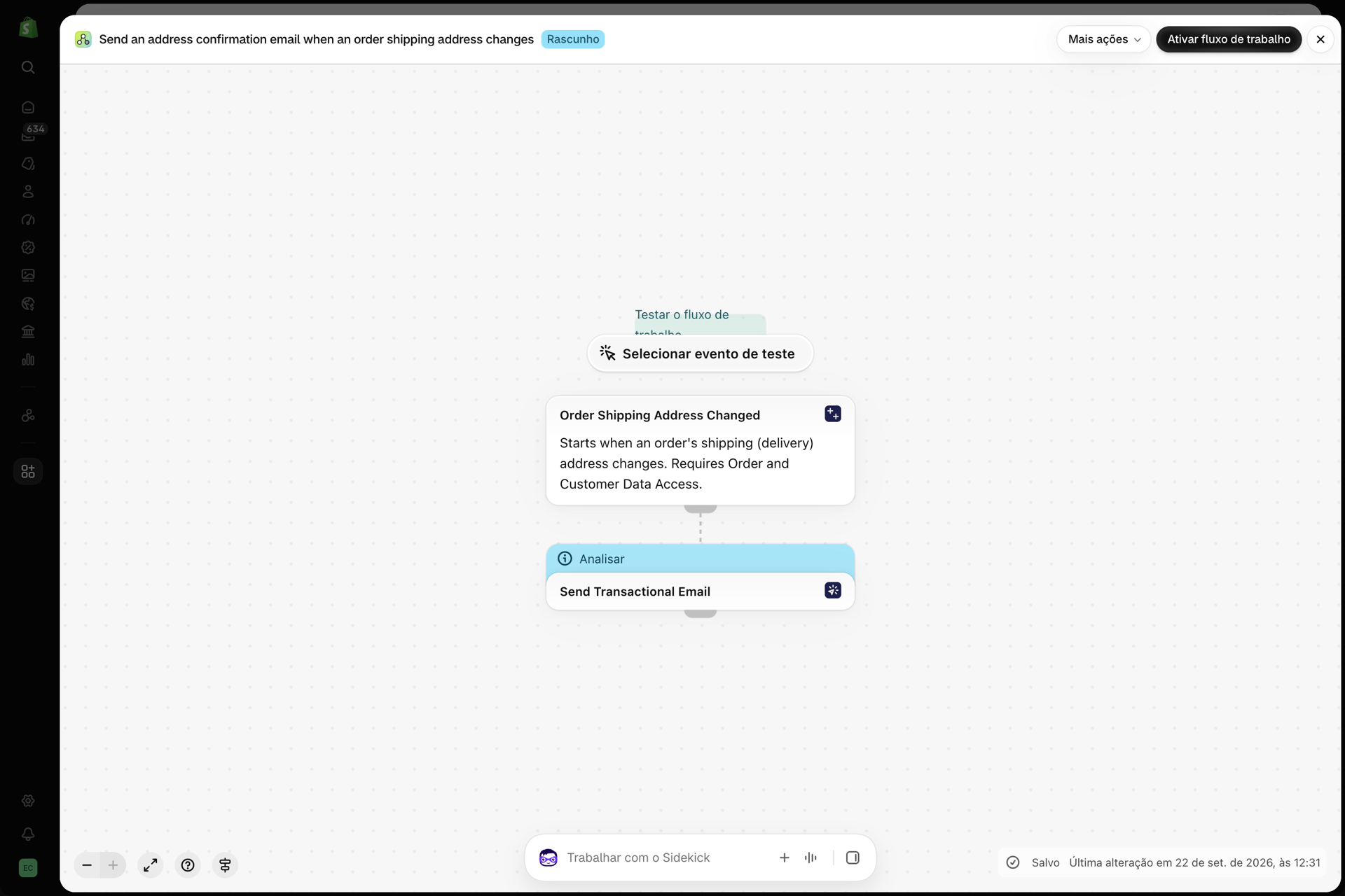 O fluxo de trabalho no Shopify Flow: Enviar um e-mail de confirmação de endereço quando o endereço de entrega de um pedido for alterado