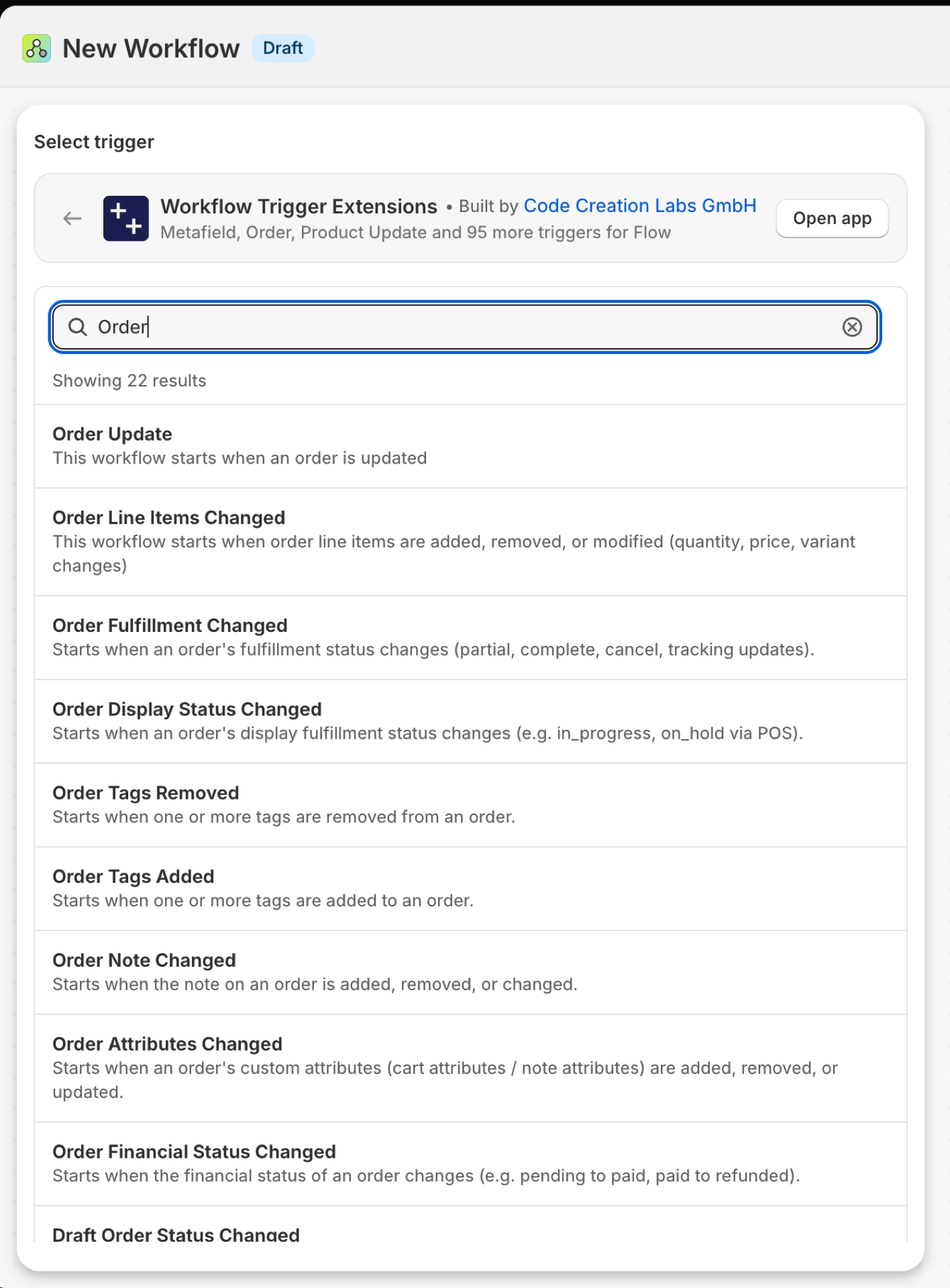 Shopify Flow's trigger picker inside Workflow Trigger Extensions, searched for Order