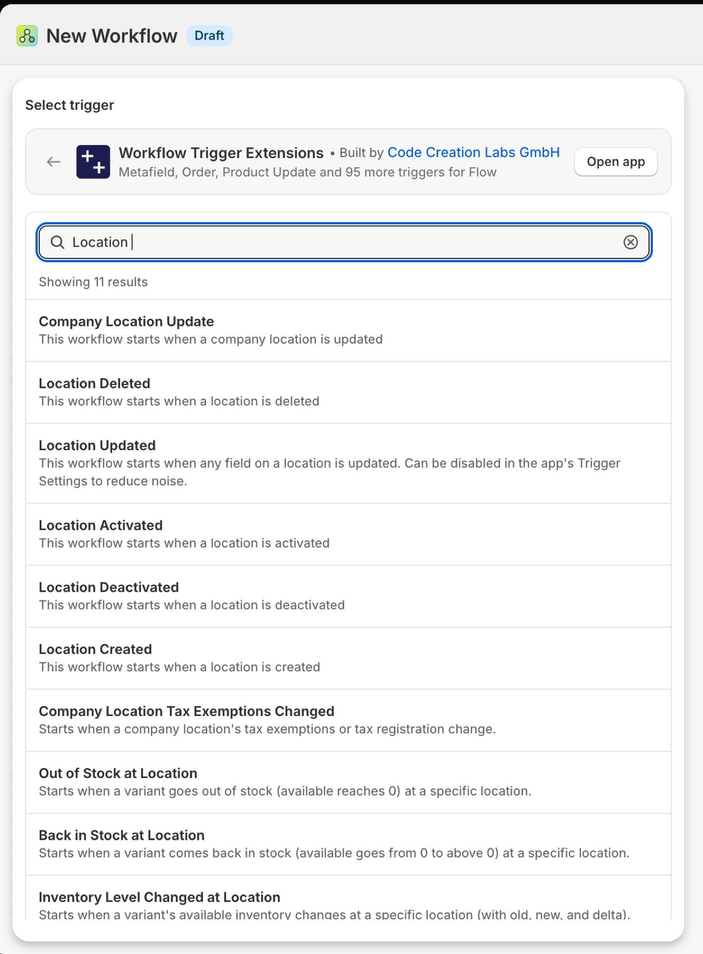 Shopify Flow's trigger picker inside Workflow Trigger Extensions, searched for Location