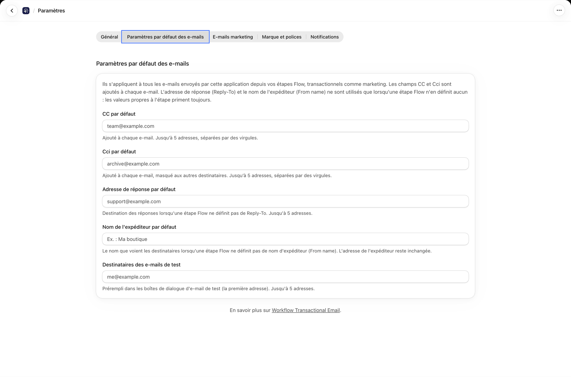 L'onglet « Paramètres par défaut des e-mails » avec les valeurs par défaut pour les champs CC, Cci, « Répondre à », « De » et les destinataires de test