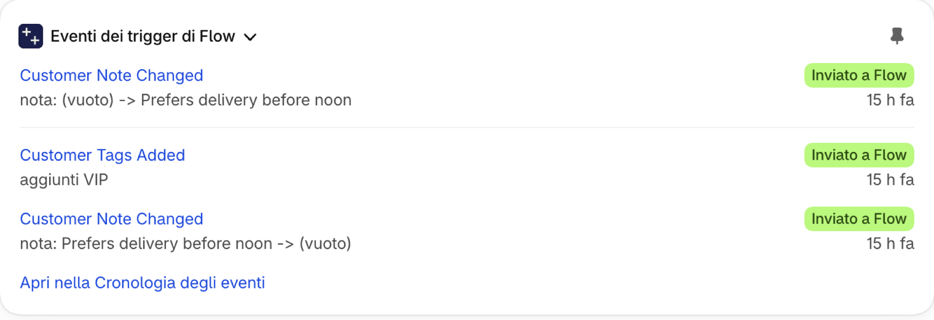 Gli eventi di attivazione di Shopify Flow in una pagina cliente: l’aggiunta di una nota e l’aggiunta del tag VIP