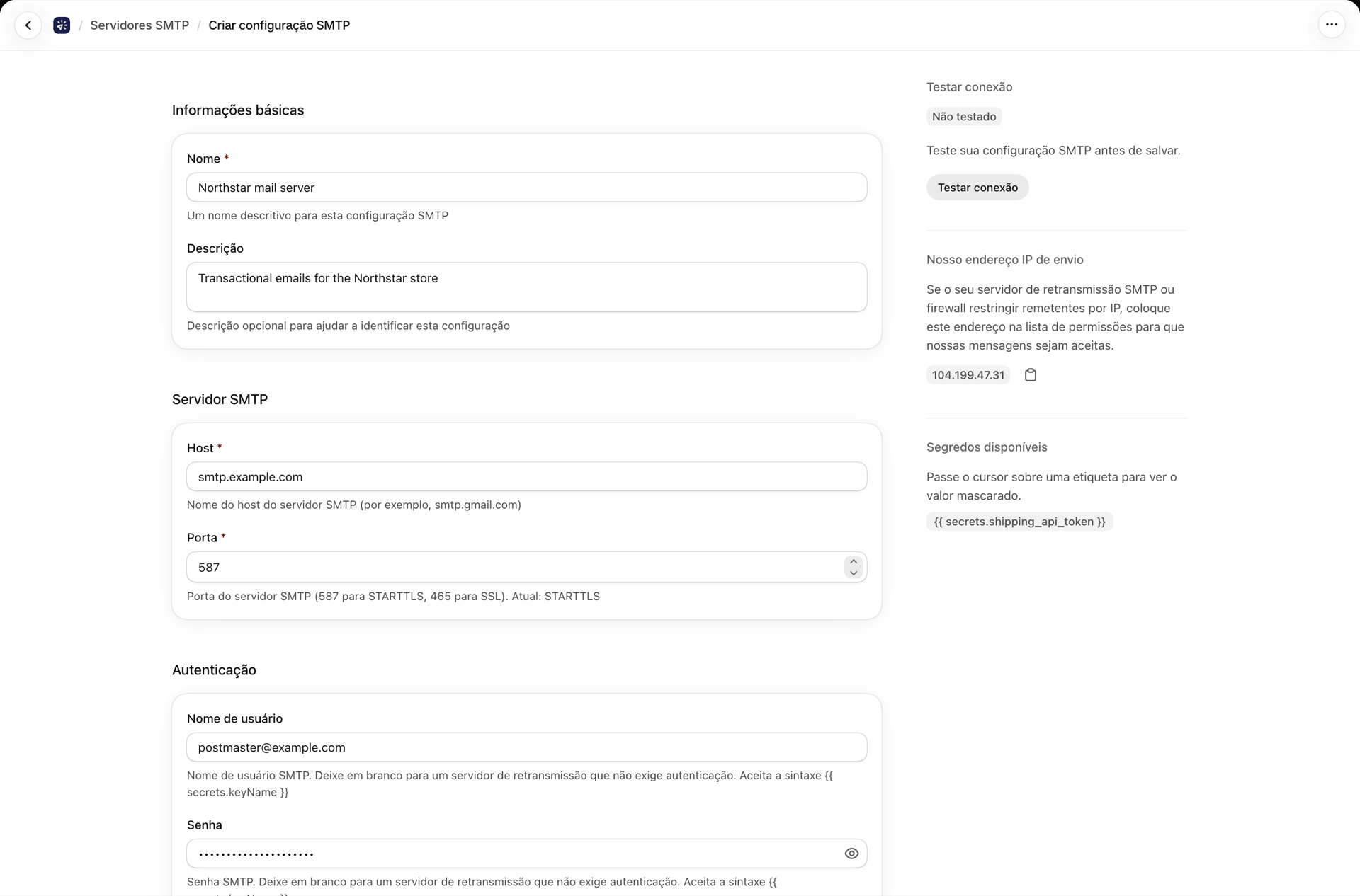 O formulário do servidor SMTP preenchido com nome, host e porta, ao lado do cartão com nosso endereço IP de envio