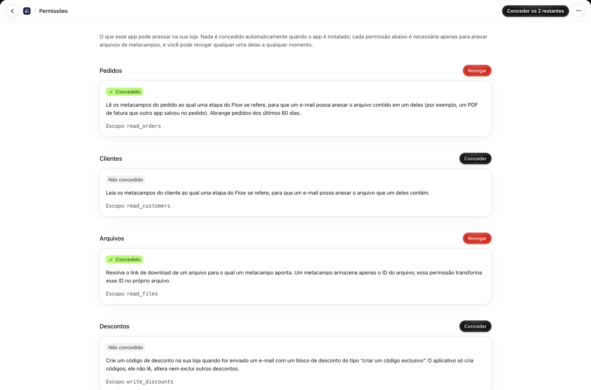 A página “Permissões” do aplicativo lista as quatro permissões opcionais com seus escopos Shopify, “Pedidos” e “Arquivos” concedidos