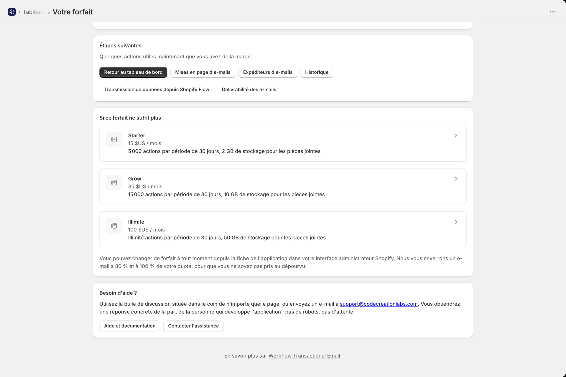 Dans la partie inférieure de la page consacrée aux forfaits, intitulée « Si ce forfait ne vous suffit plus », figurent les forfaits Starter, Grow et Unlimited avec leurs limites respectives
