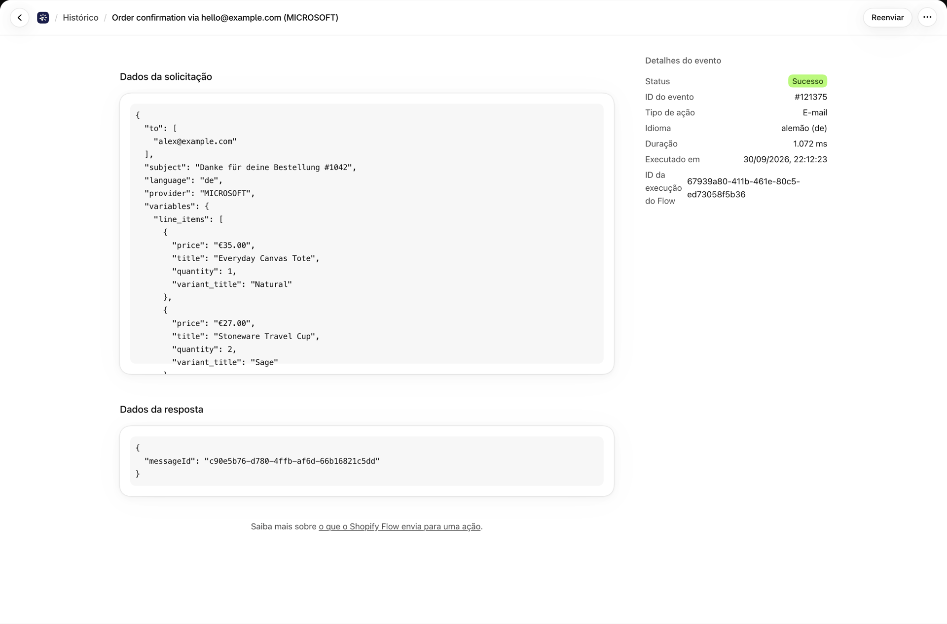 Um registro de histórico de um e-mail enviado, com status, duração e o idioma “alemão” na seção “Detalhes do evento”
