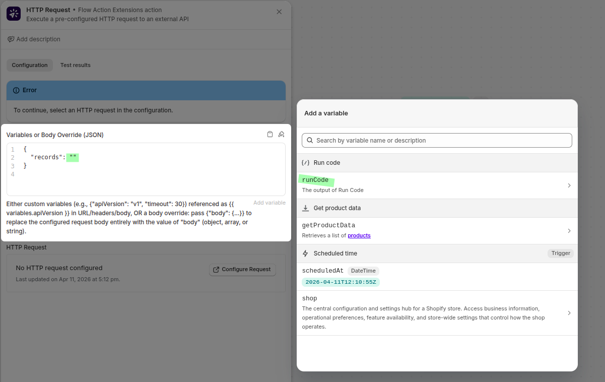 Passing the formatted records into the request