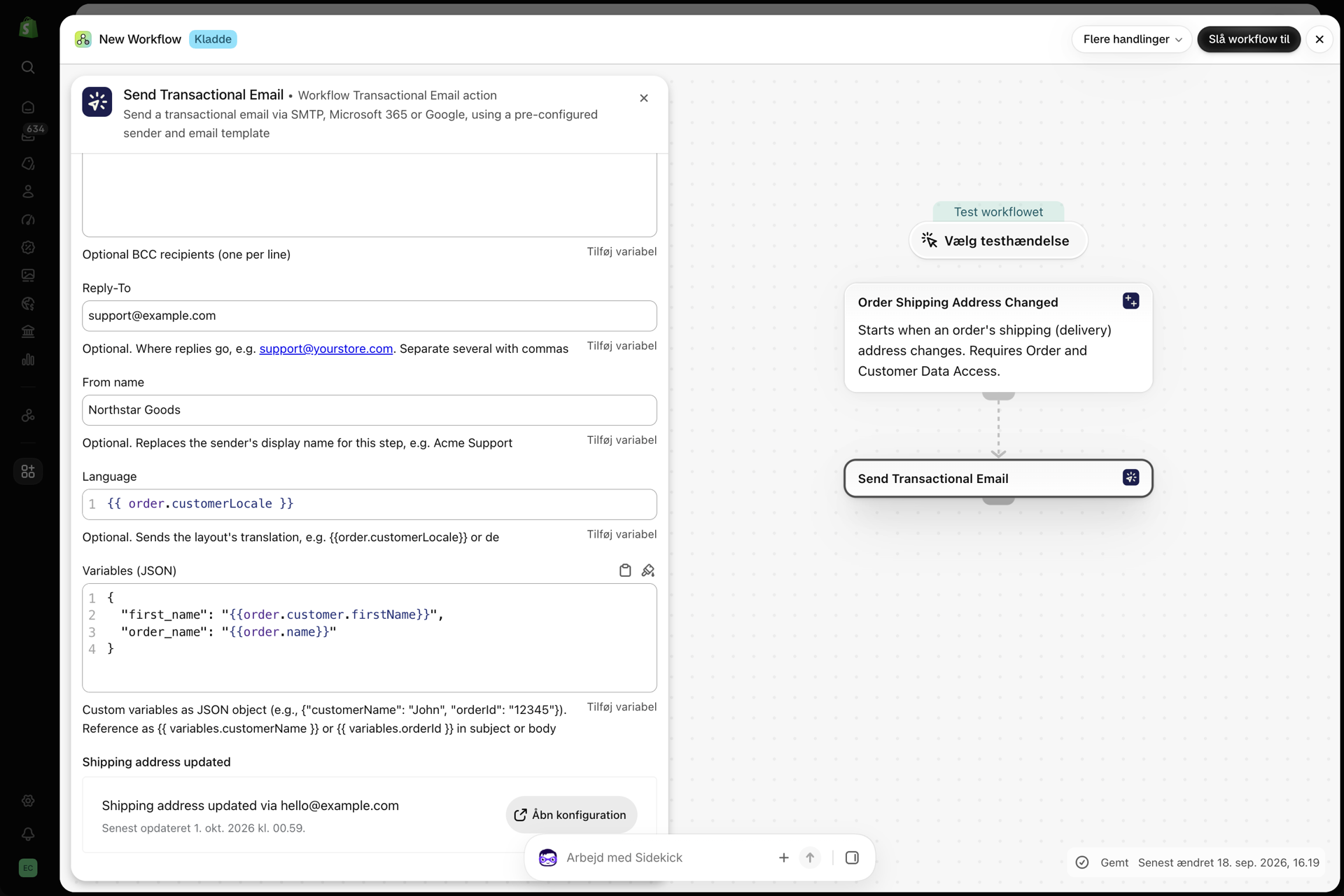 Handlingen »Send transaktions-e-mail« i Shopify Flow, hvor felterne »Svar til«, »Afsenderens navn«, »Sprog« er indstillet til »order.customerLocale« og »Variabler«