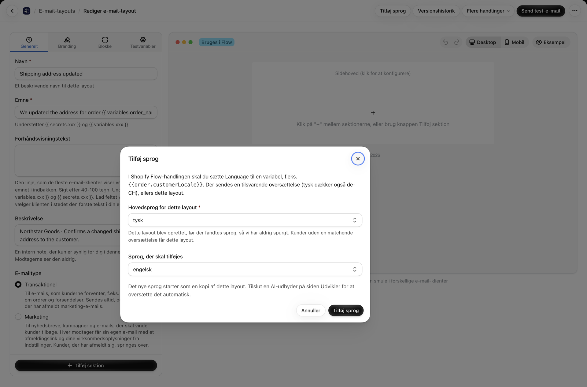 Dialogboksen »Tilføj sprog« på et layout, der blev oprettet, før sprogfunktionen blev indført: Hovedsproget for dette layout angives først og er obligatorisk, derefter det sprog, der skal tilføjes