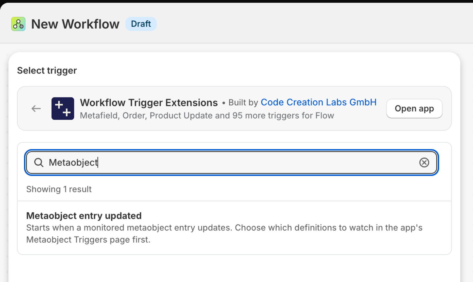 Shopify Flow's trigger picker inside Workflow Trigger Extensions, searched for Metaobject