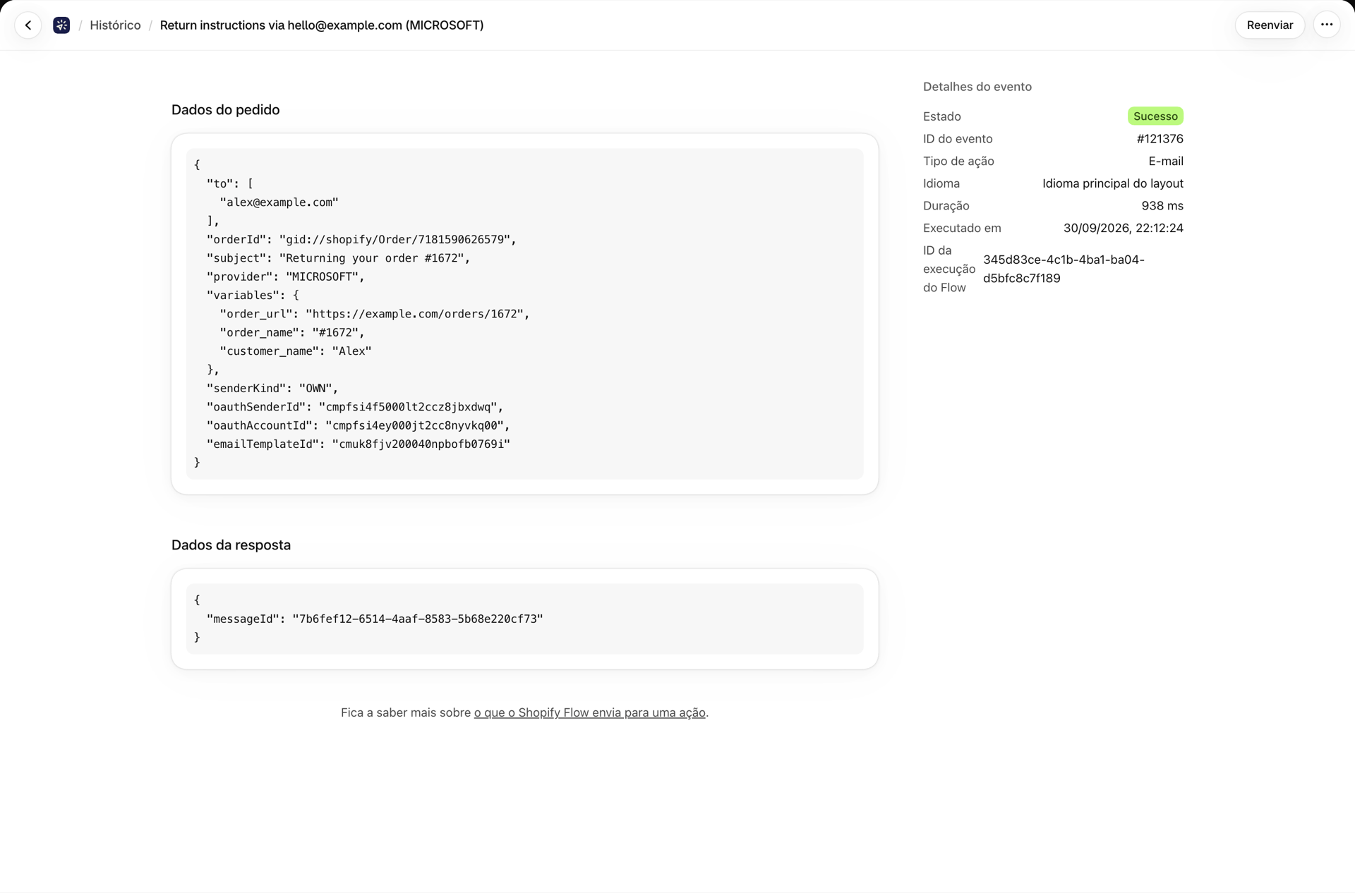 Um evento «History» de um e-mail com instruções de devolução, cujos dados do pedido incluem o «orderId» do pedido a partir do qual a fatura foi lida