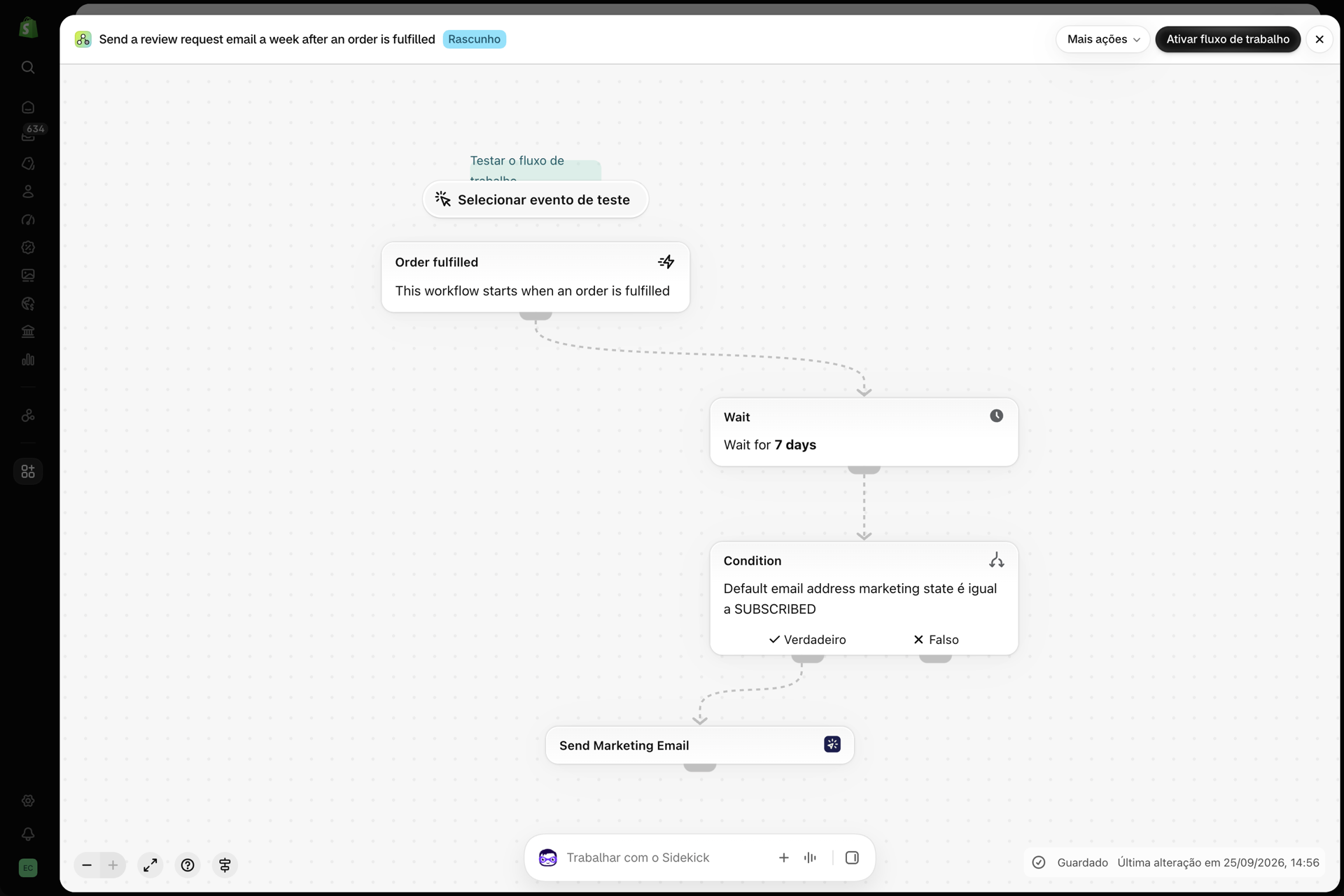 O fluxo de trabalho no Shopify Flow: enviar um e-mail a solicitar uma avaliação uma semana após o processo de processamento de um pedido