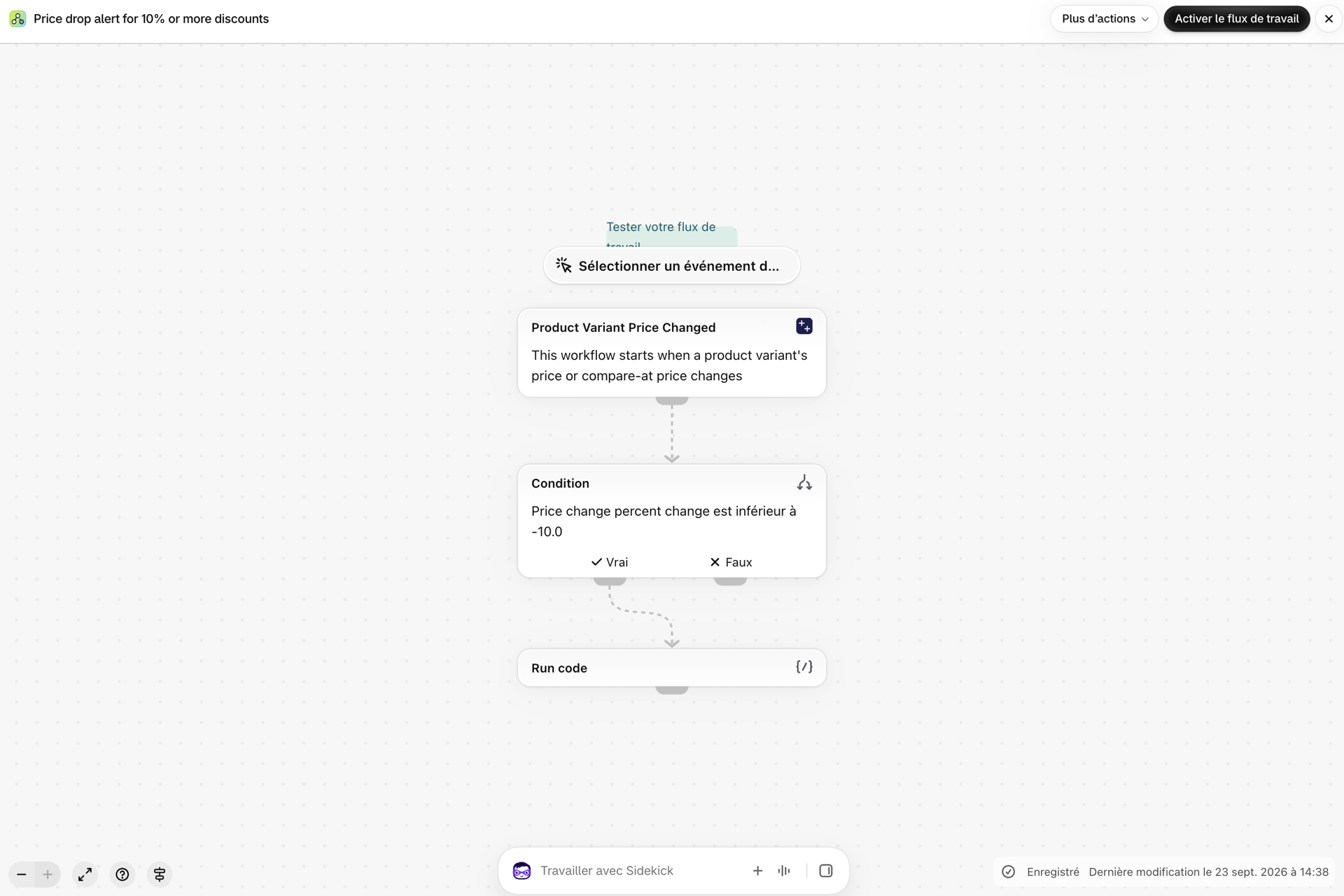 Le workflow final : « Modification du prix d'une variante de produit », une condition, puis « Exécuter le code »