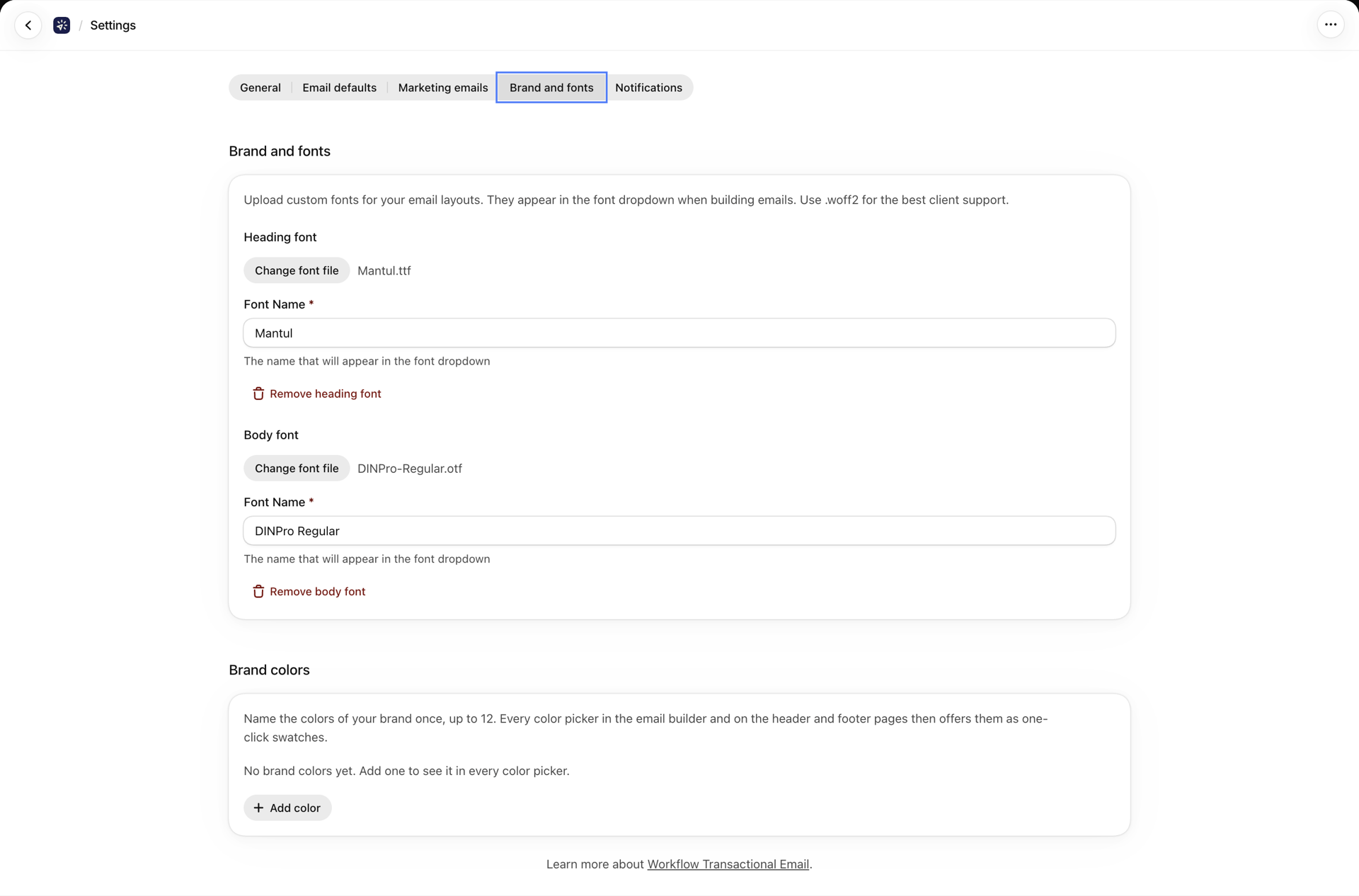 The Brand and fonts tab with a heading font uploaded and the Brand colors card below