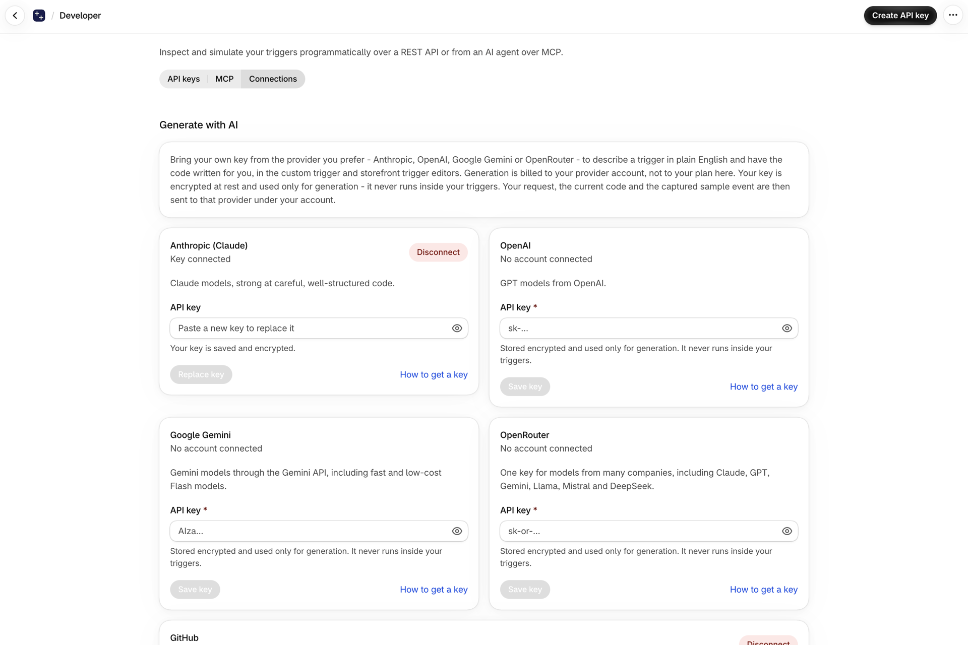 The Connections tab of the Developer page with cards for Anthropic, OpenAI, Google Gemini and OpenRouter, Anthropic showing Key connected
