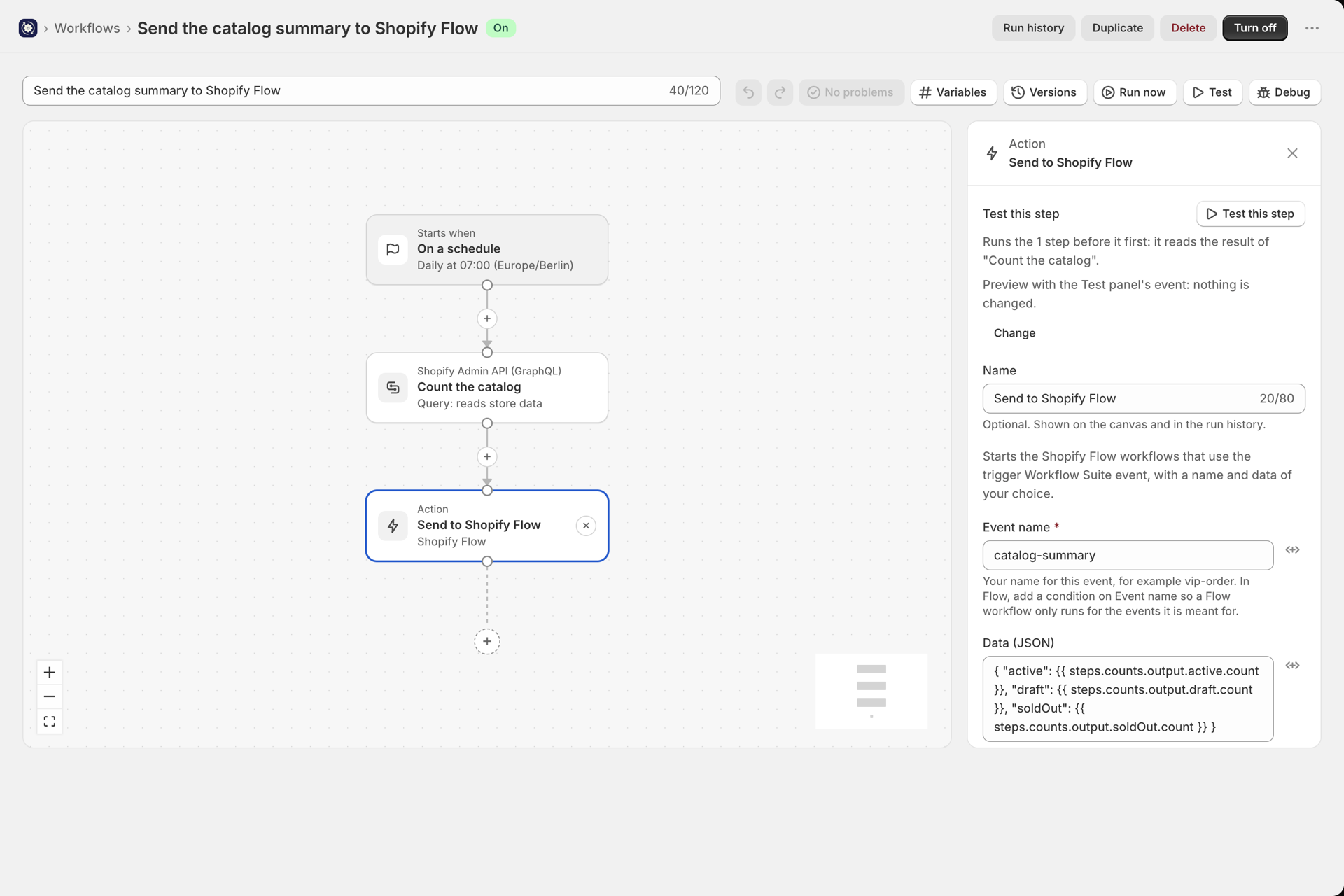 The workflow Send the catalog summary to Shopify Flow in Workflow Suite: On a schedule, Count the catalog and Send to Shopify Flow, with the step's side panel showing Event name catalog-summary and Data (JSON) built from the counts