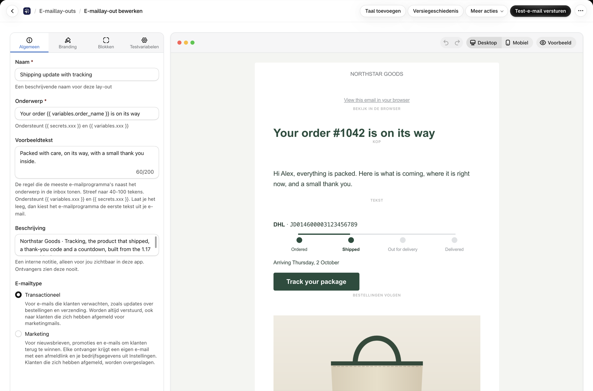 Een lay-out voor verzendinformatie in de visuele builder: de regel ‘Bekijken in de browser’, koptekst, het volgen van bestellingen met een voortgangsbalk en een knop ‘Uw pakket volgen’