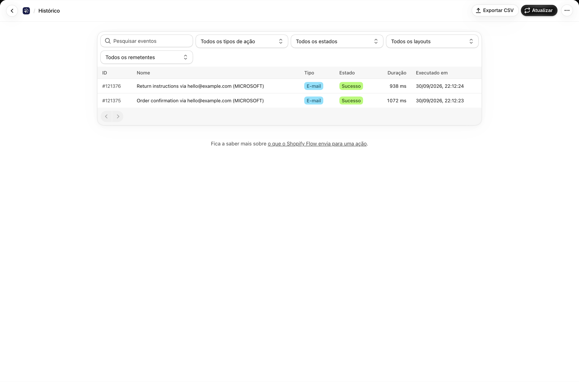 A página «Histórico», com o seu campo de pesquisa, os filtros para tipo de ação, estado, formato e remetente, e dois e-mails enviados na lista