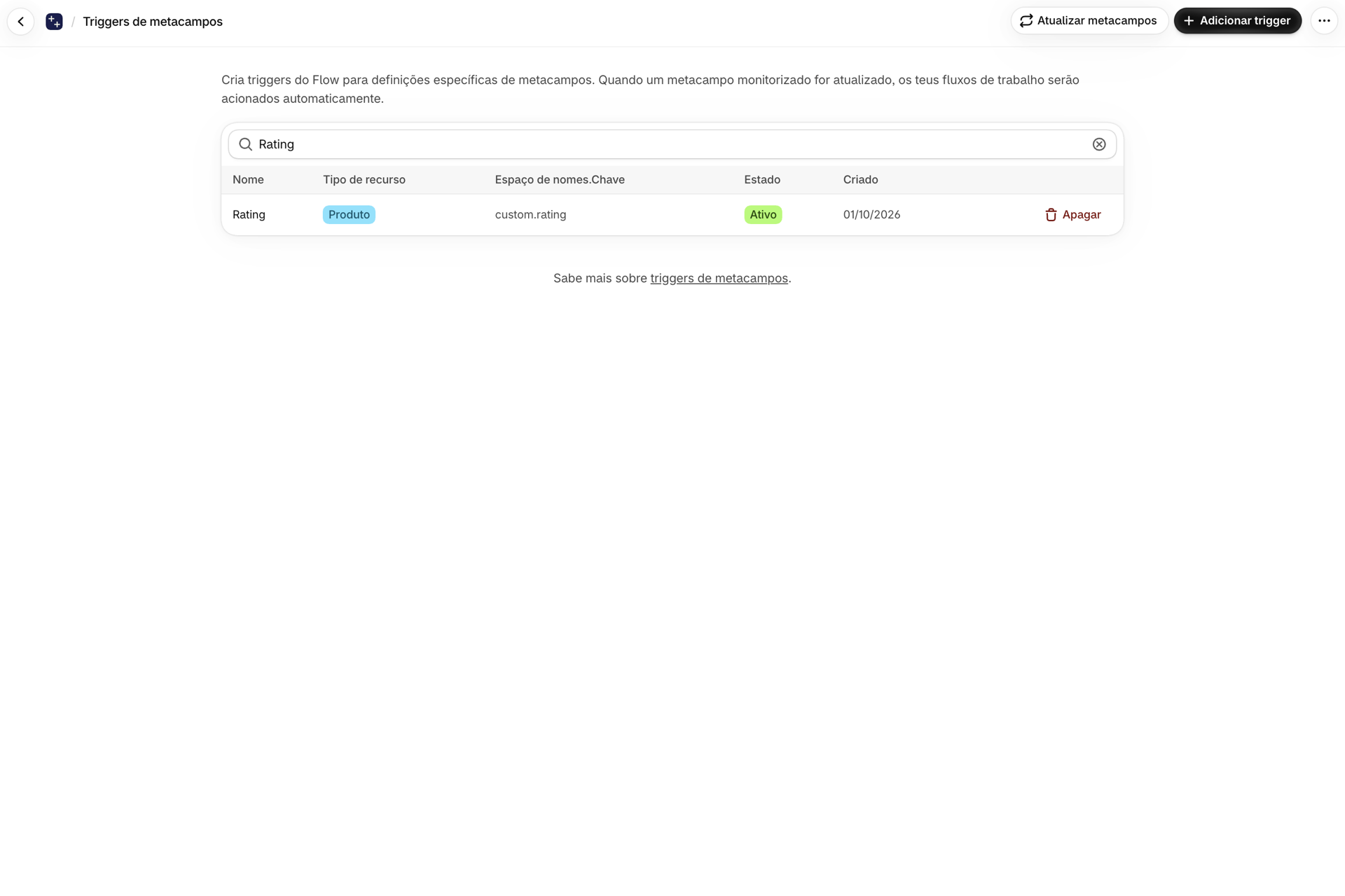 A lista «Metafield Triggers» com o metacampo do produto «Rating», «custom.rating», apresentado como «Ativo»
