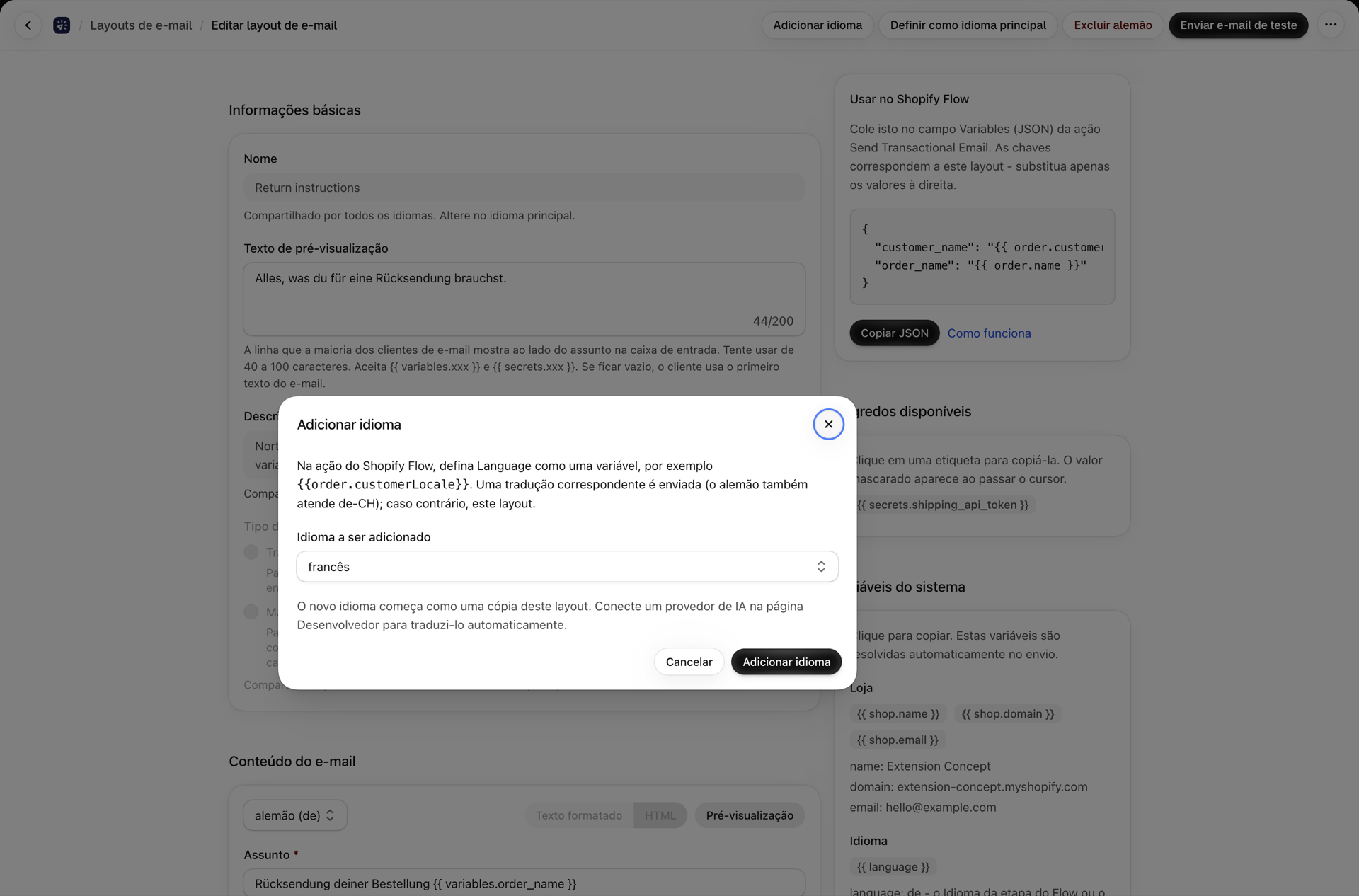 A caixa de diálogo “Adicionar idioma” de um modelo de e-mail com o alemão selecionado